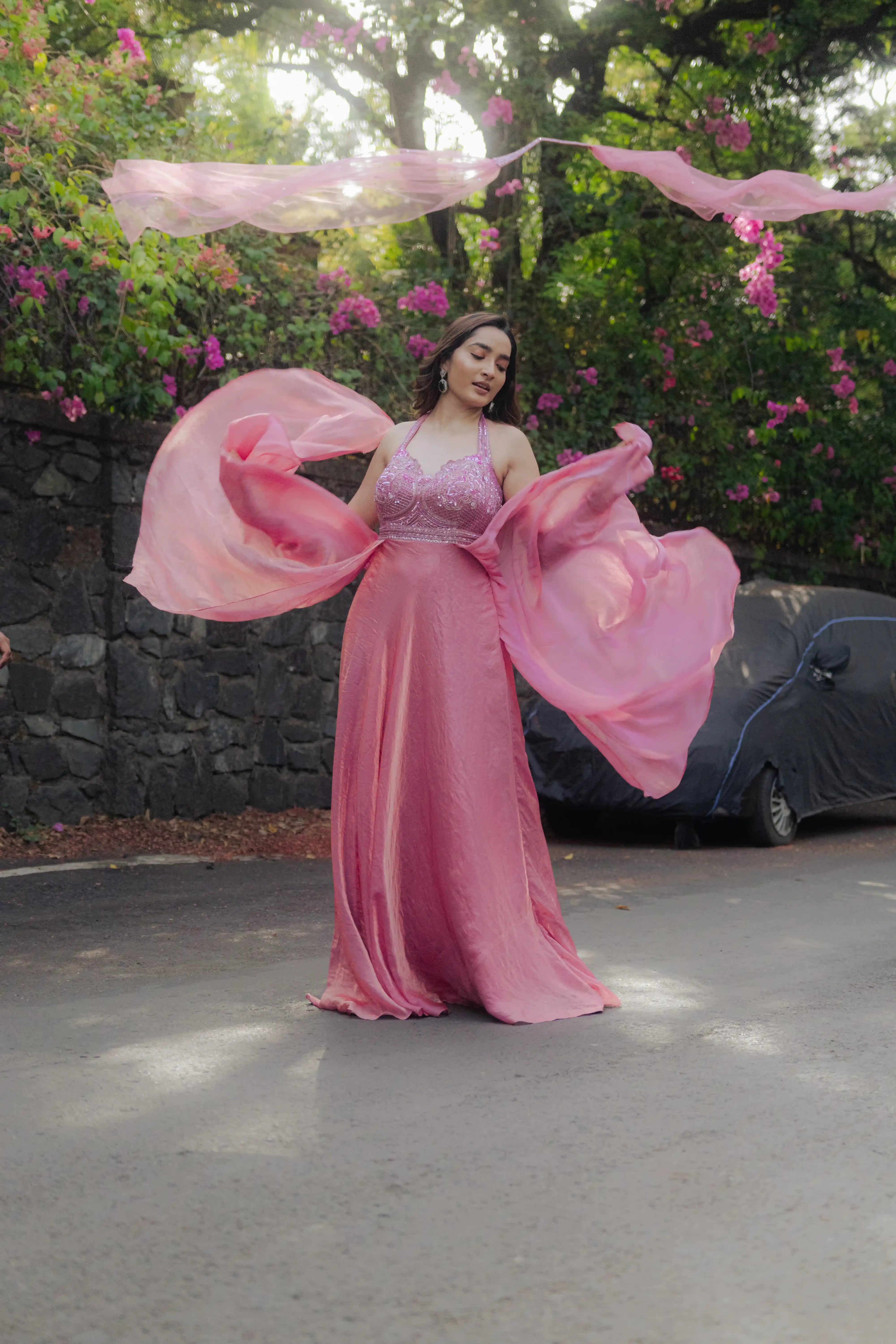 Pink Embroidered Plazo Set with Flowing Cape Dupatta