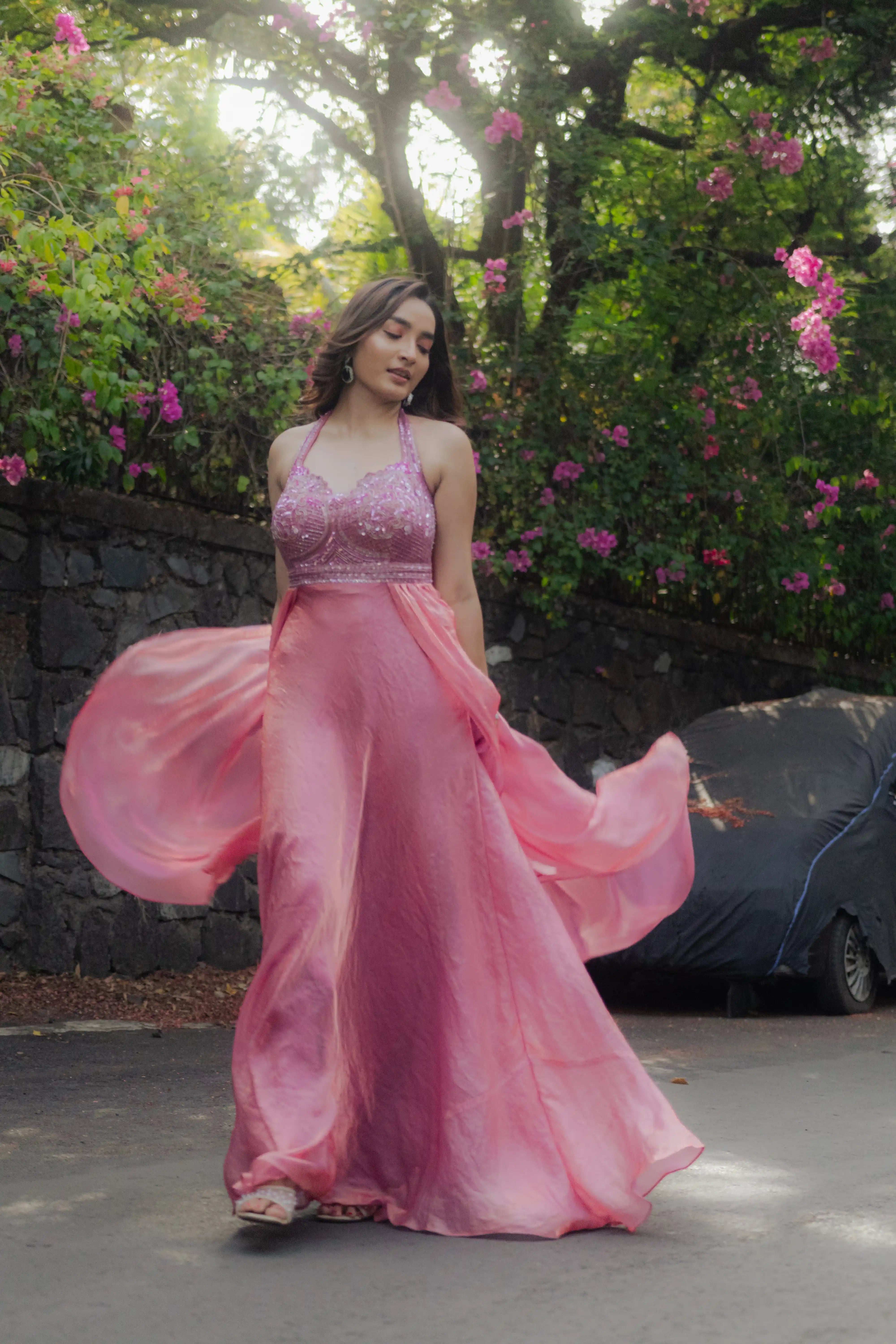 Pink Embroidered Plazo Set with Flowing Cape Dupatta