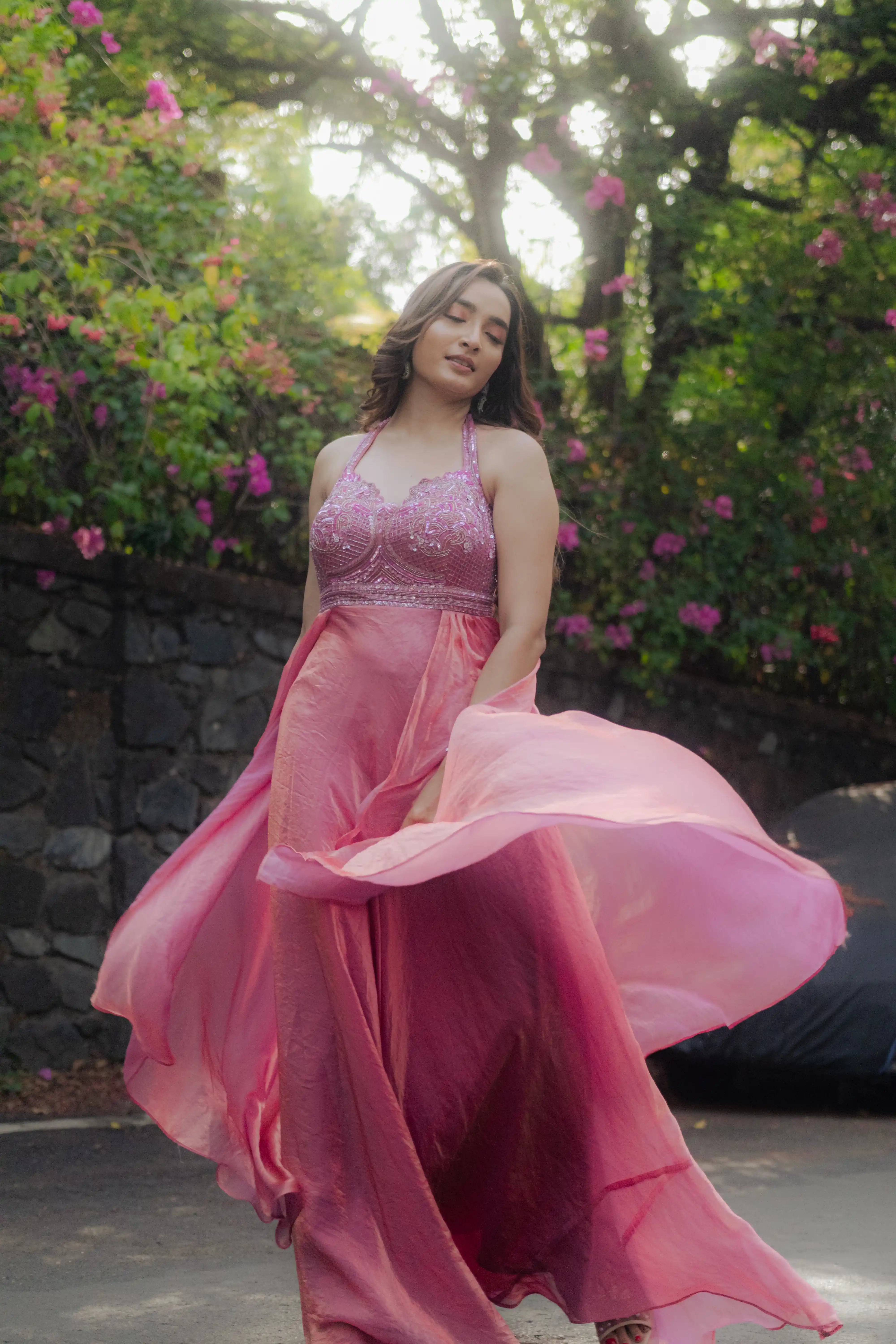 Pink Embroidered Plazo Set with Flowing Cape Dupatta