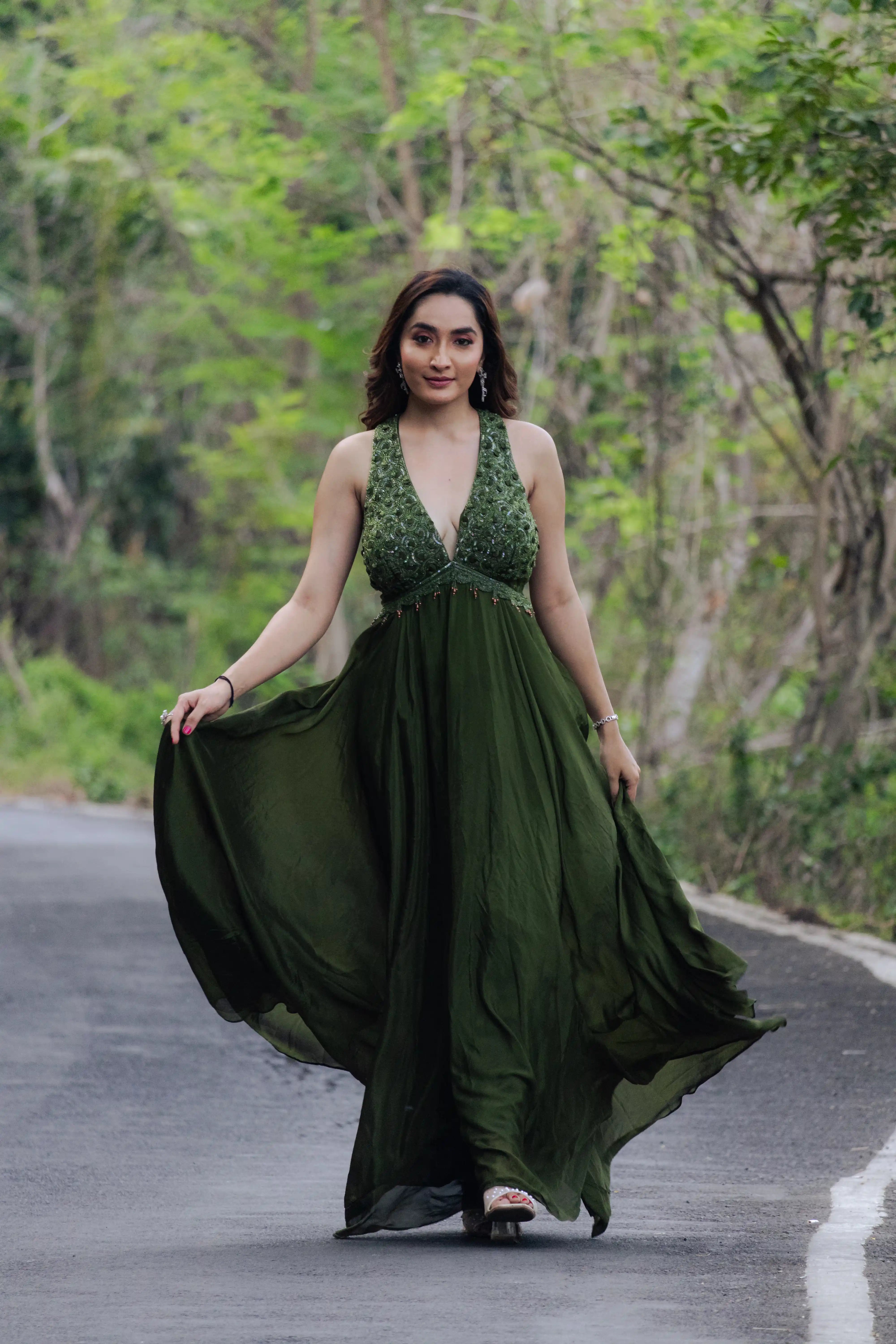 Green Handwork Flair Gown with Alter Neck