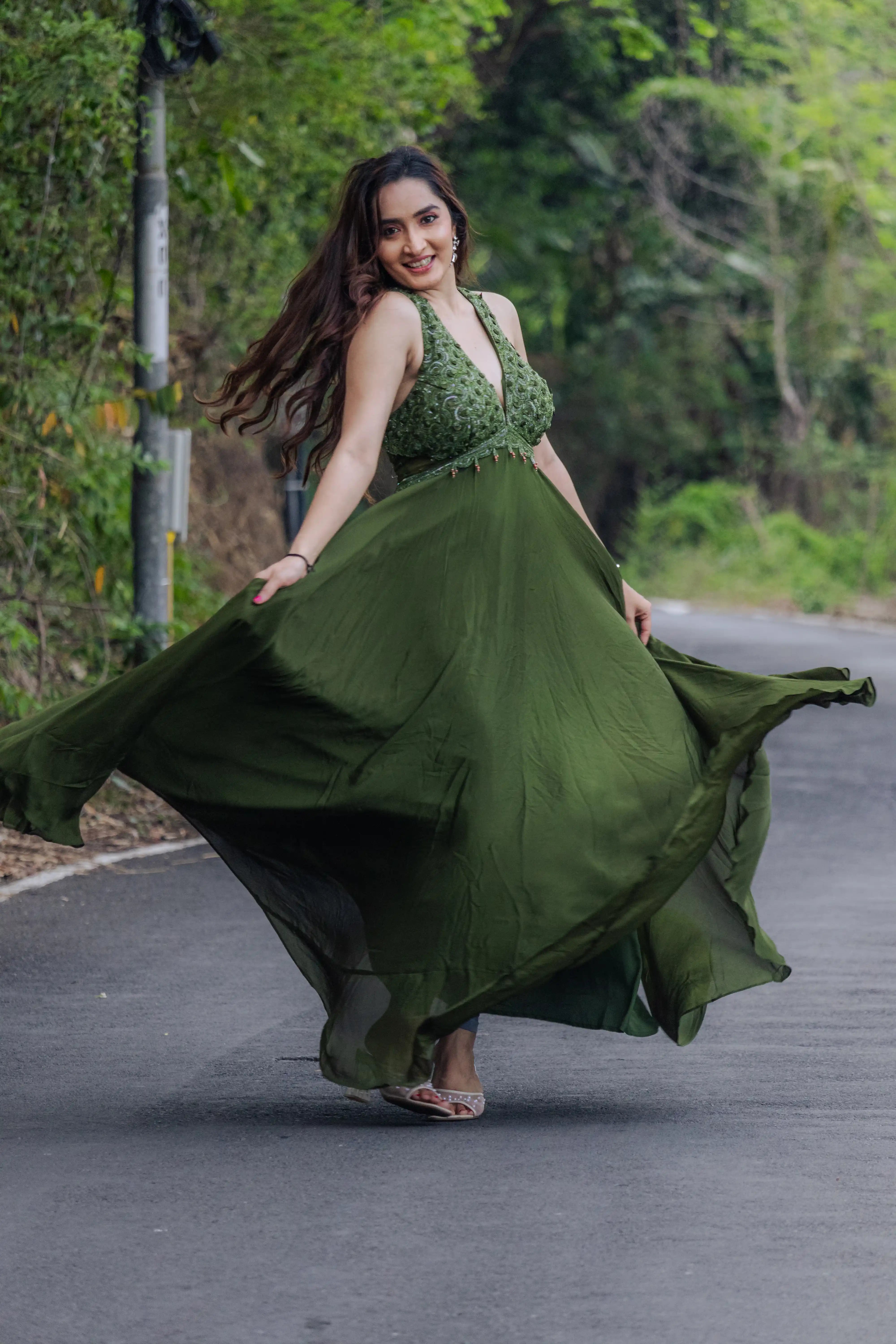 Green Handwork Flair Gown with Alter Neck
