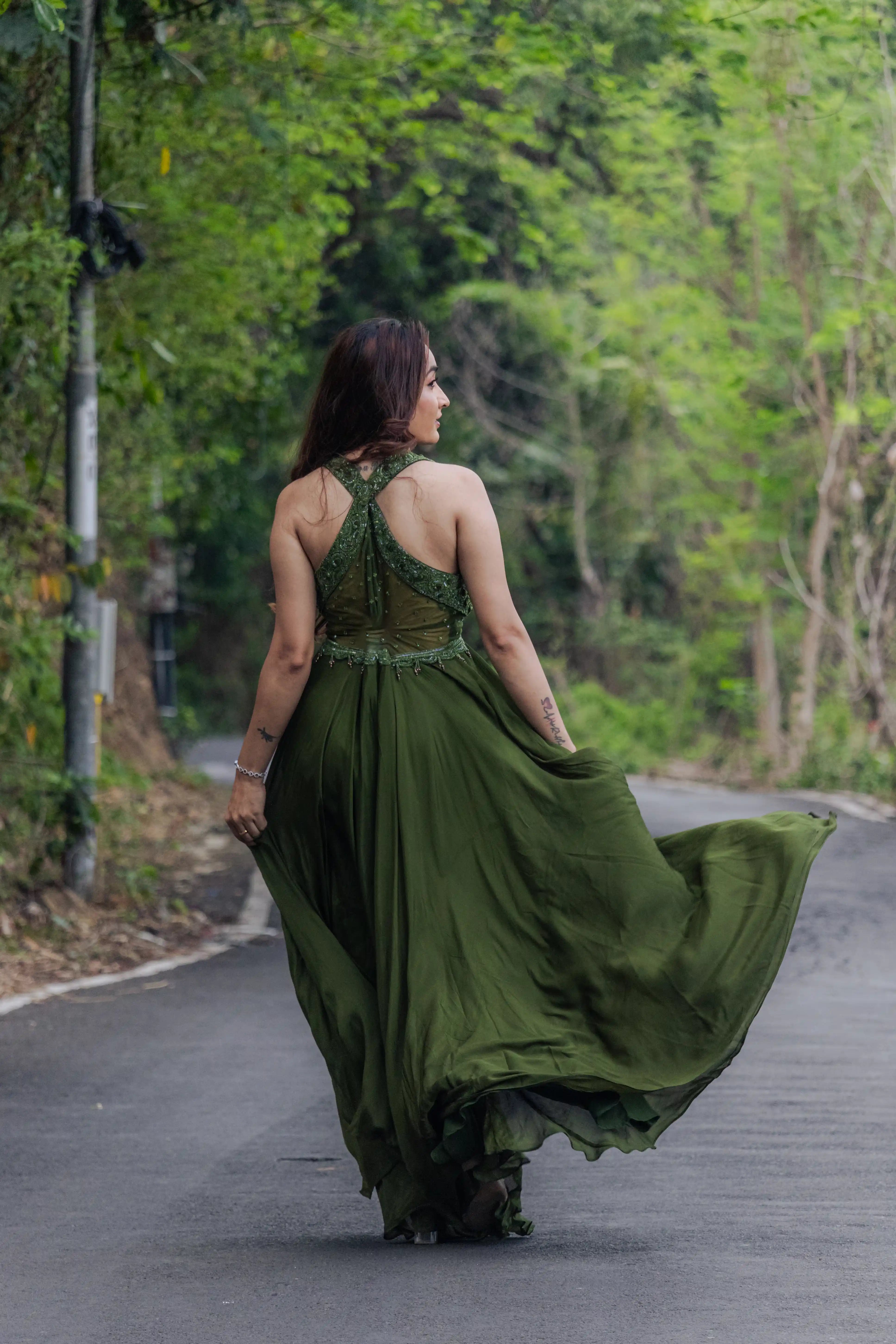 Green Handwork Flair Gown with Alter Neck