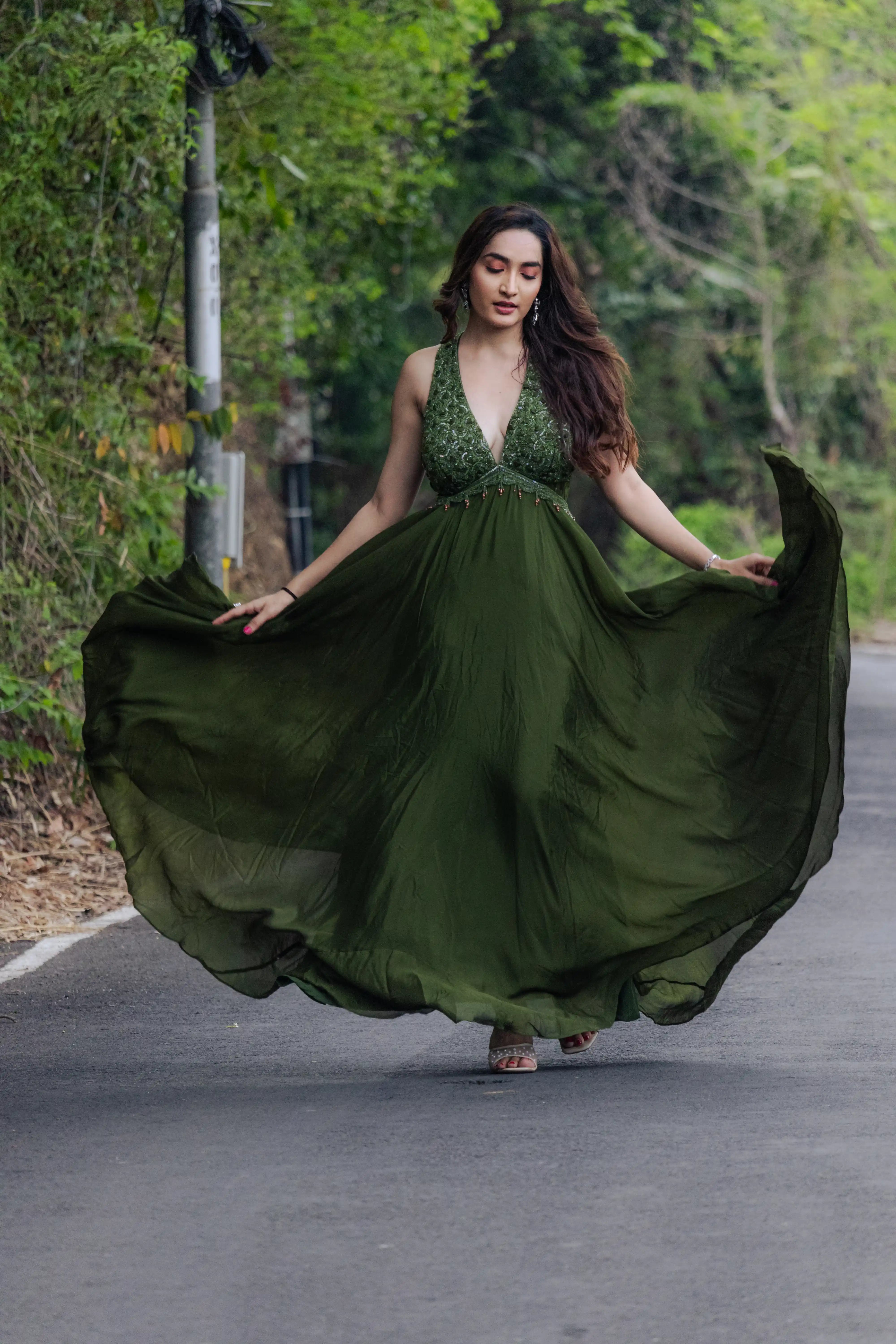 Green Handwork Flair Gown with Alter Neck