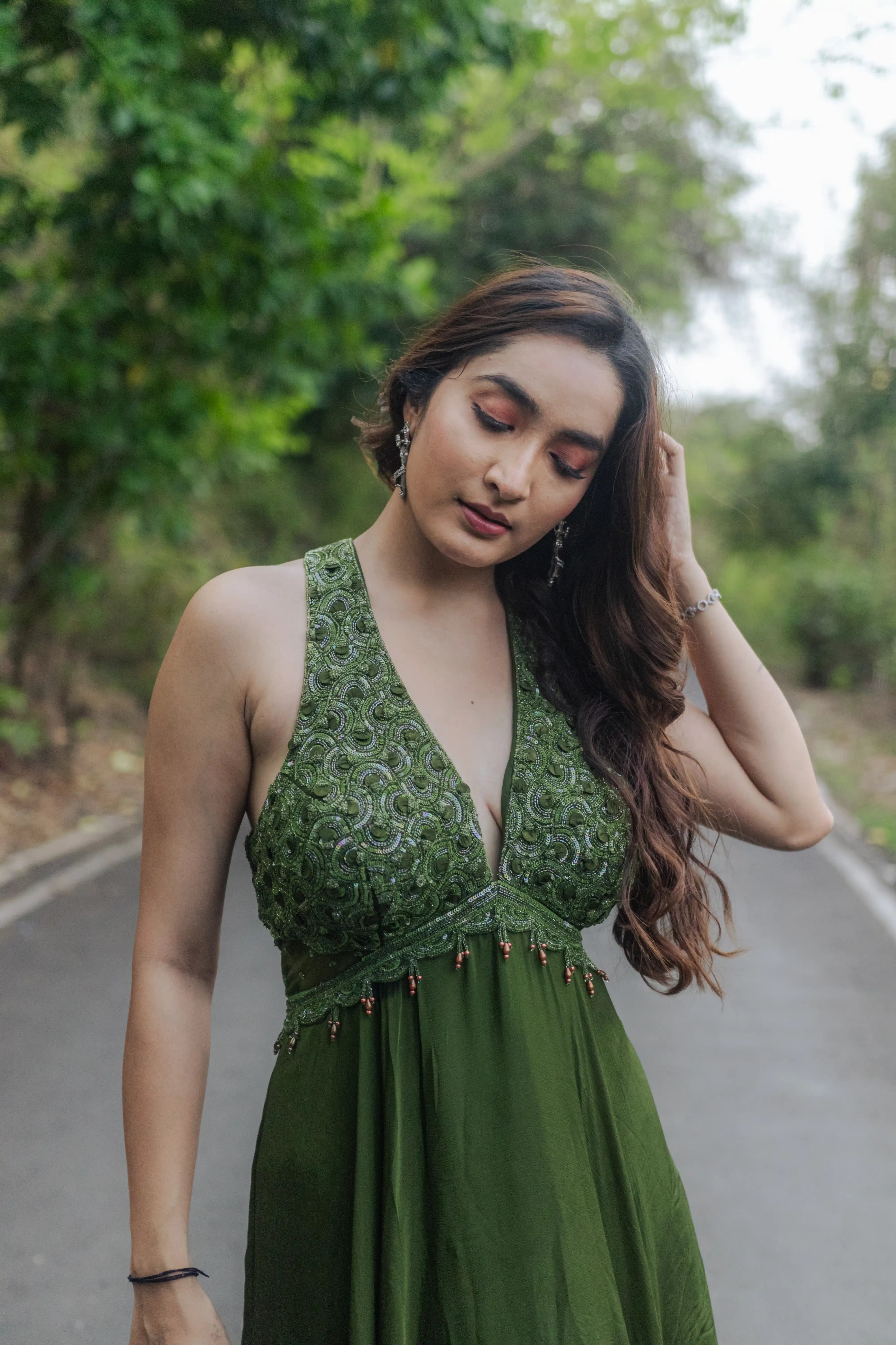 Green Handwork Flair Gown with Alter Neck