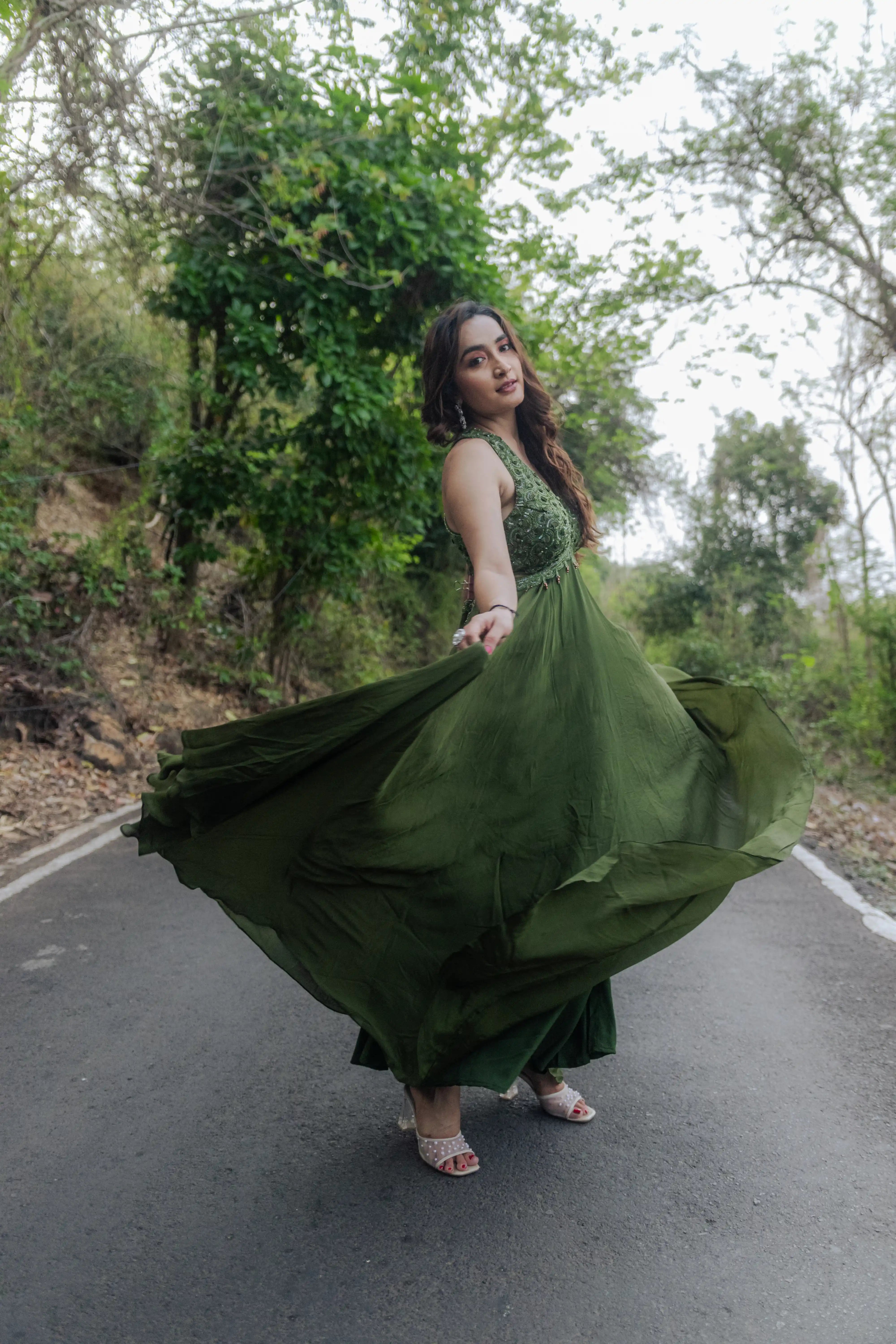 Green Handwork Flair Gown with Alter Neck