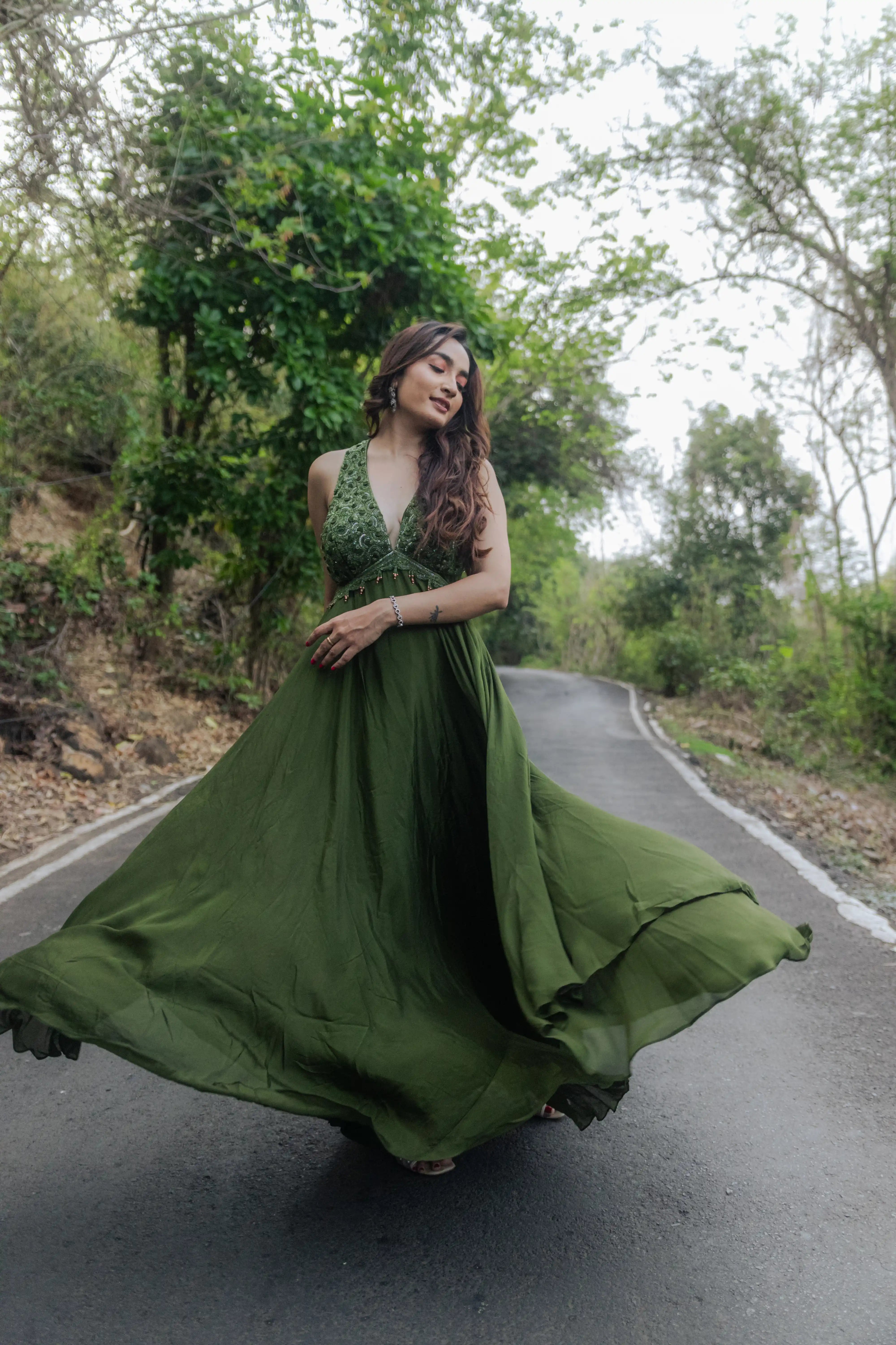 Green Handwork Flair Gown with Alter Neck