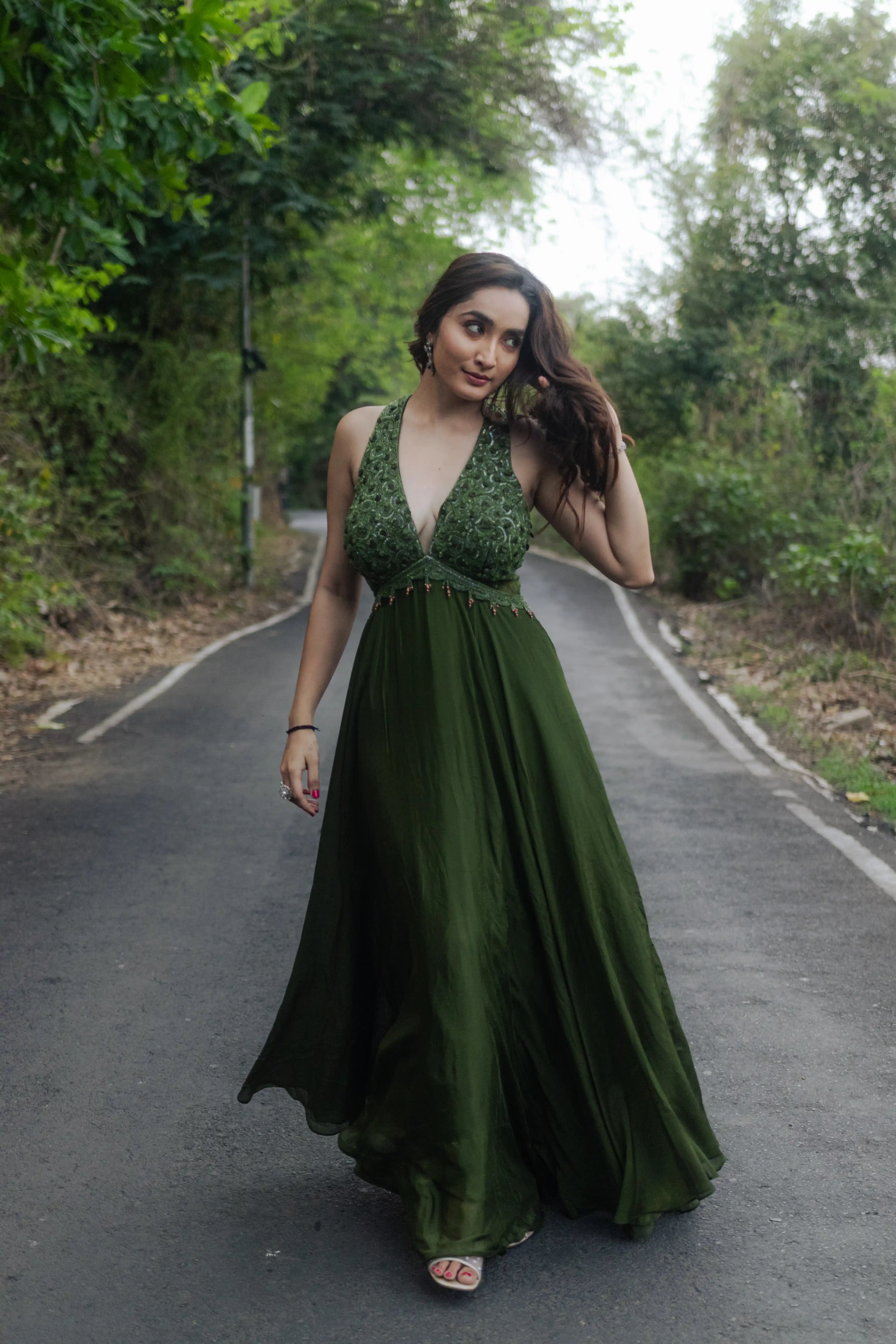 Green Handwork Flair Gown with Alter Neck