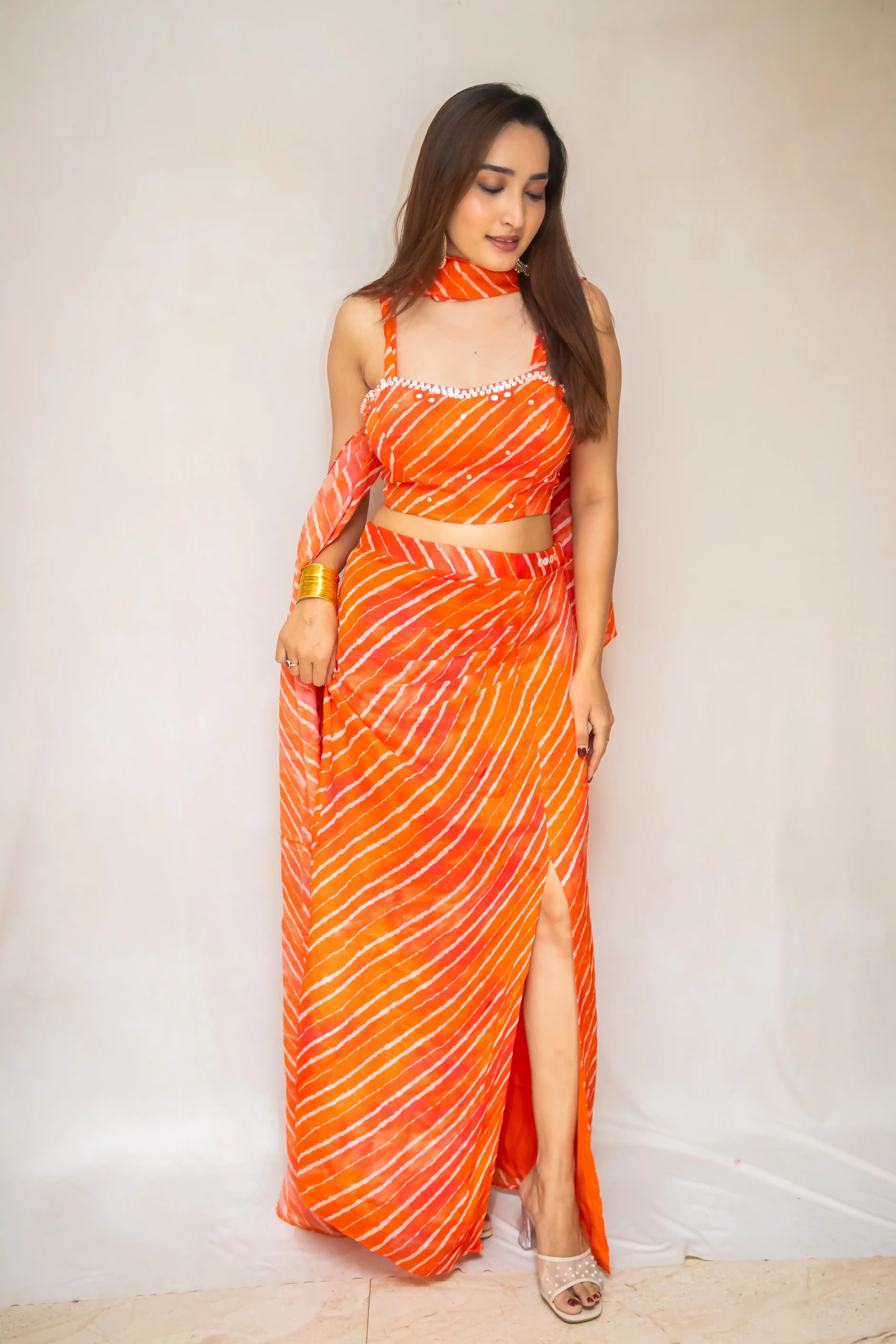 Designer Orange Leheriya Dhoti Skirt with Front Slit