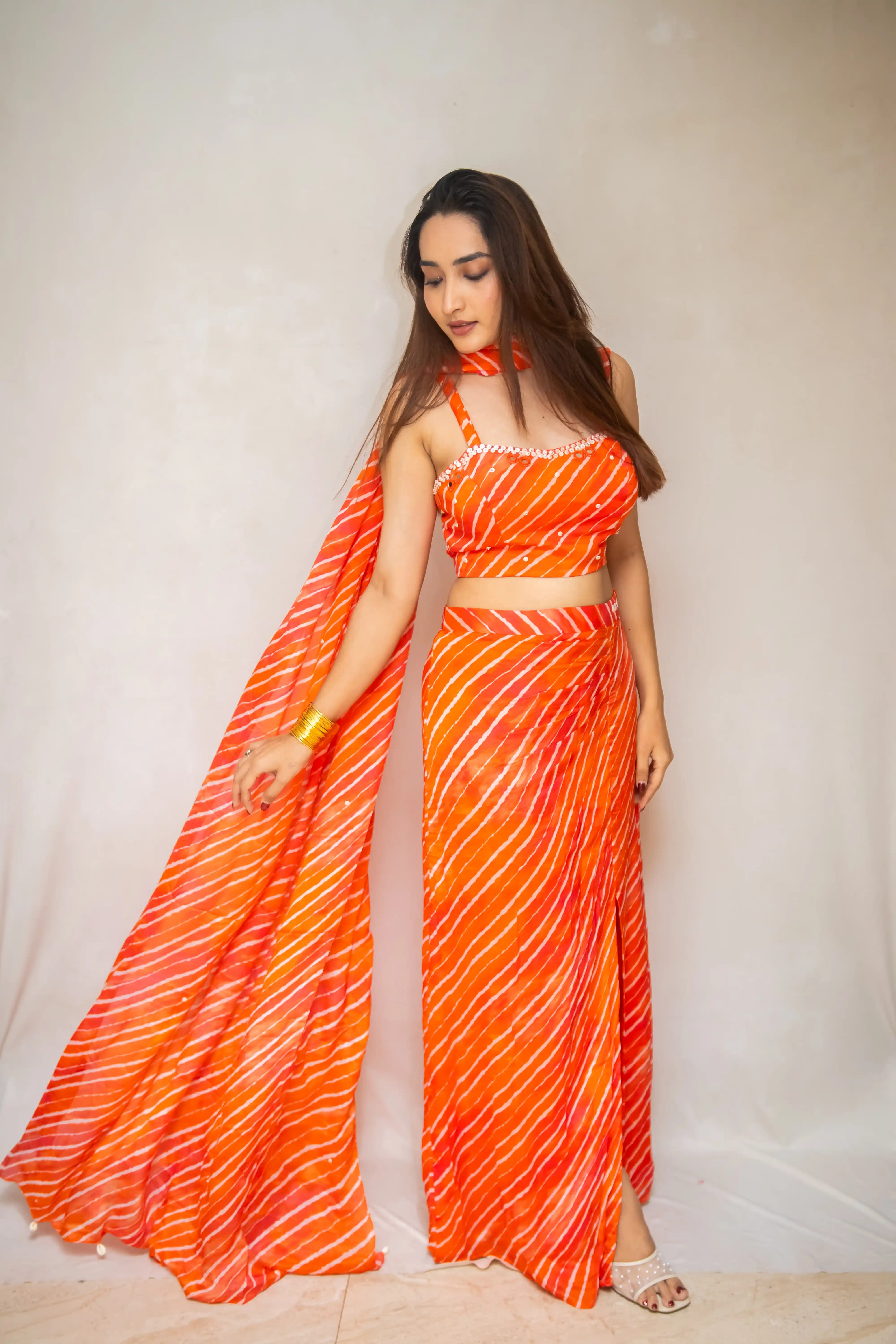 Designer Orange Leheriya Dhoti Skirt with Front Slit