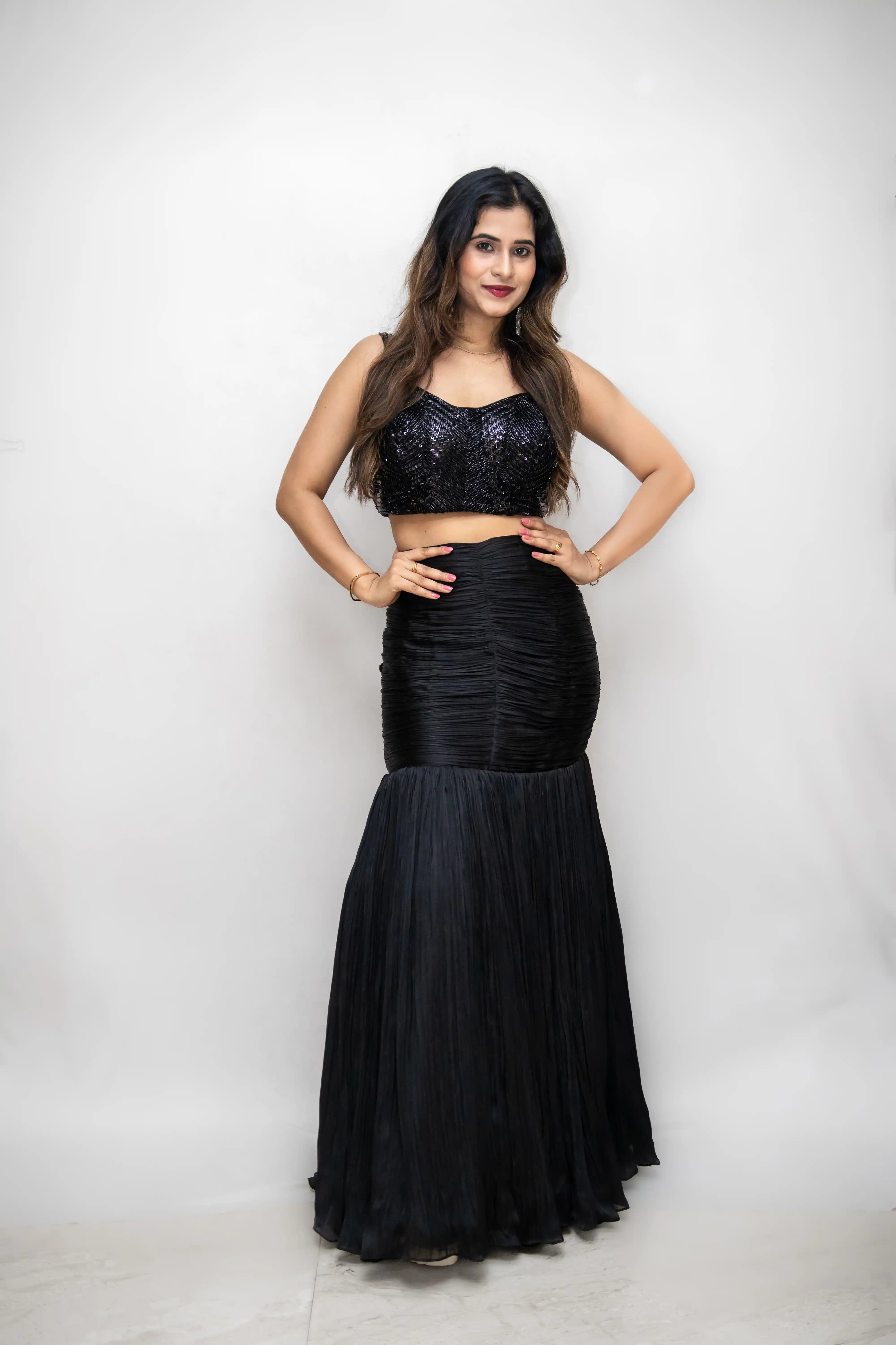 Black Sequence Handwork Choli Suit with Ruched Skirt & Choker Dupatta