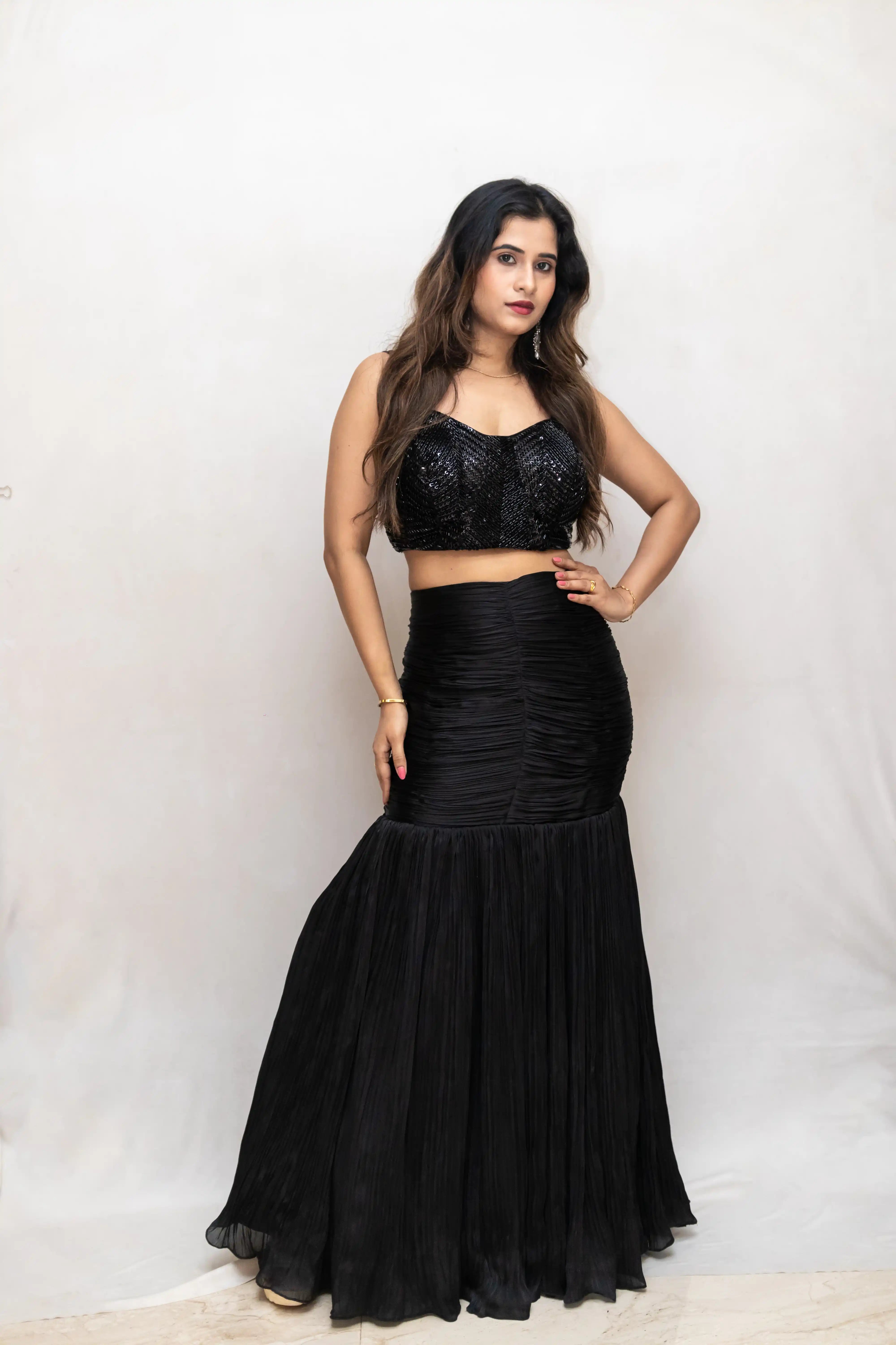 Black Sequence Handwork Choli Suit with Ruched Skirt & Choker Dupatta