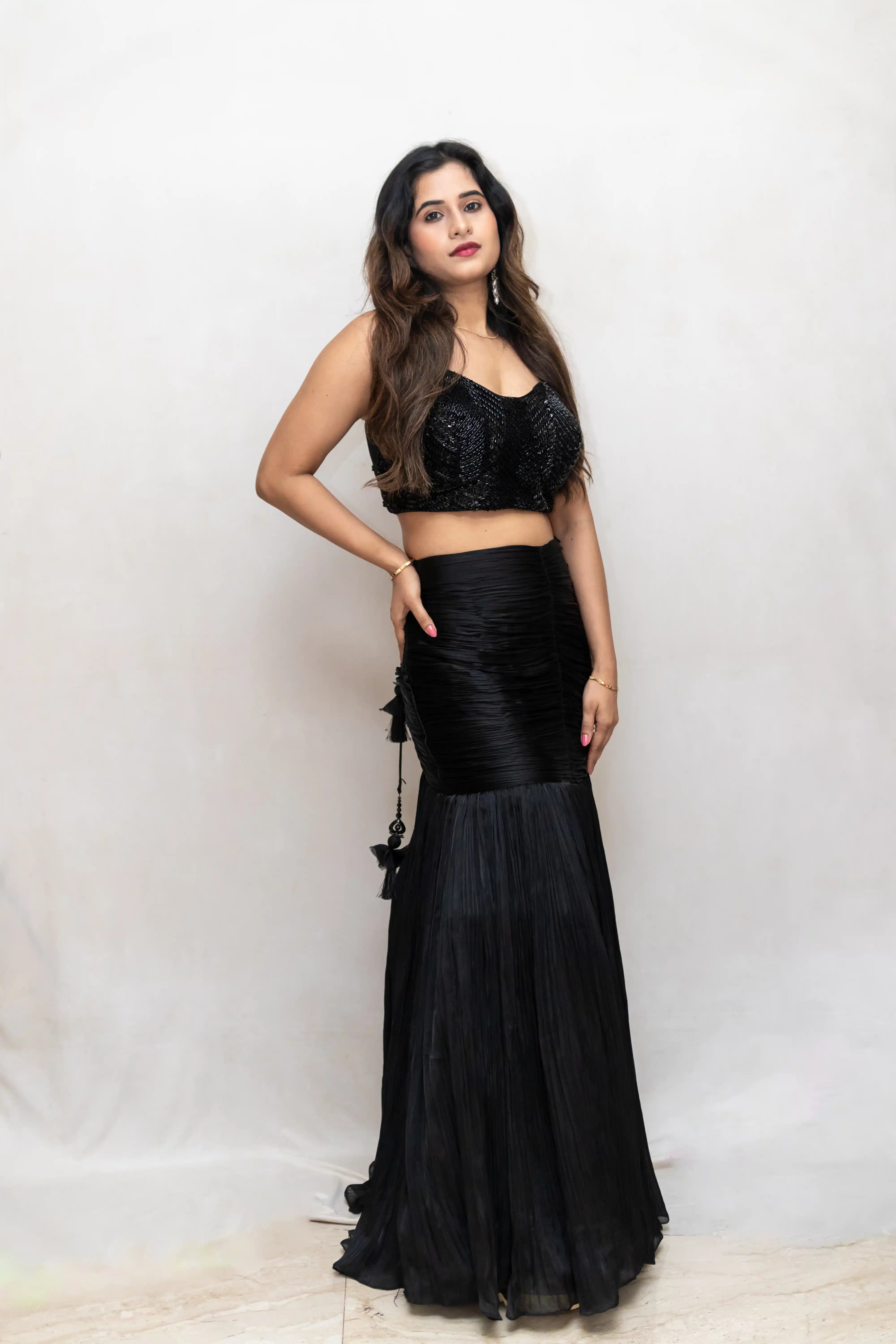 Black Sequence Handwork Choli Suit with Ruched Skirt & Choker Dupatta
