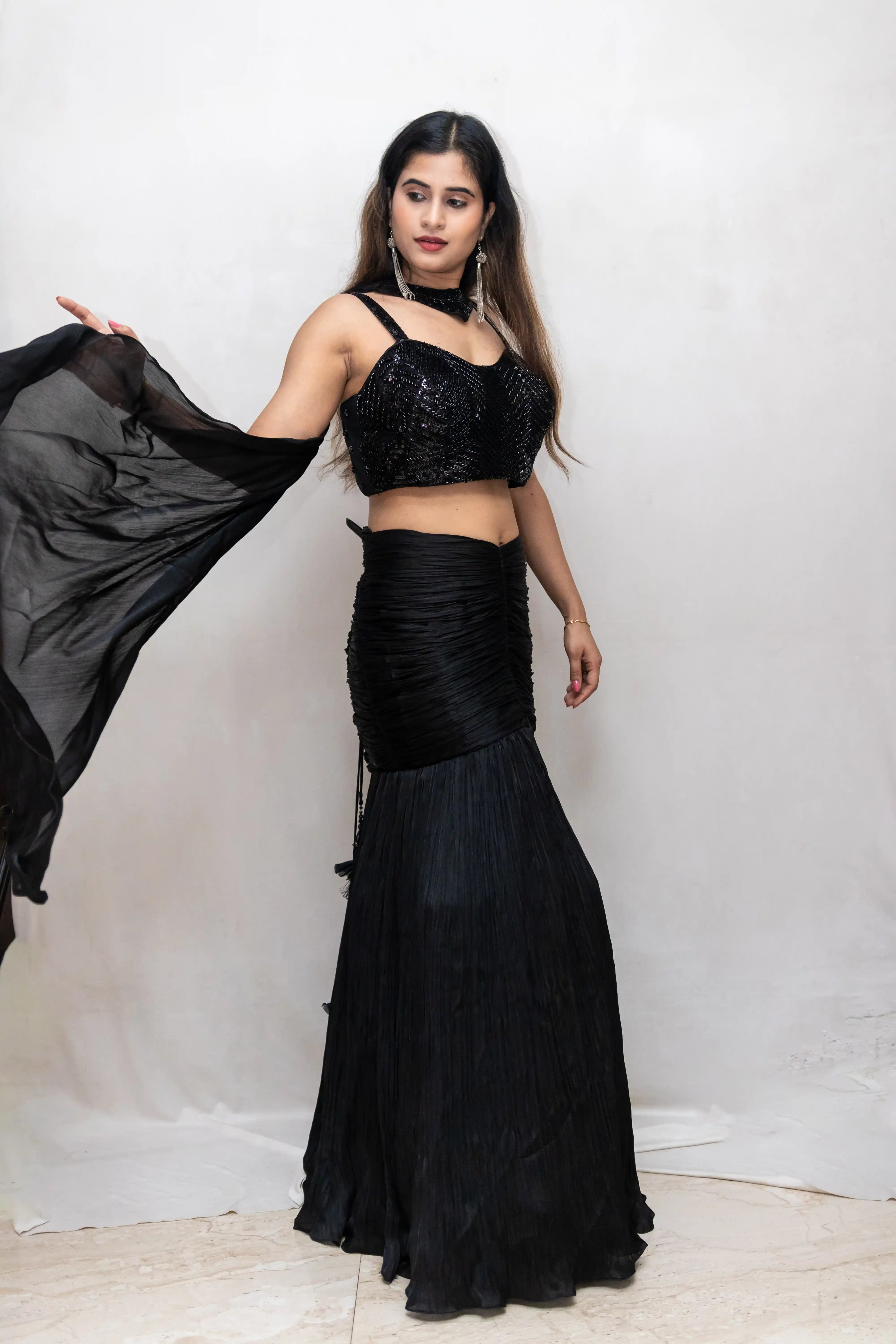 Black Sequence Handwork Choli Suit with Ruched Skirt & Choker Dupatta