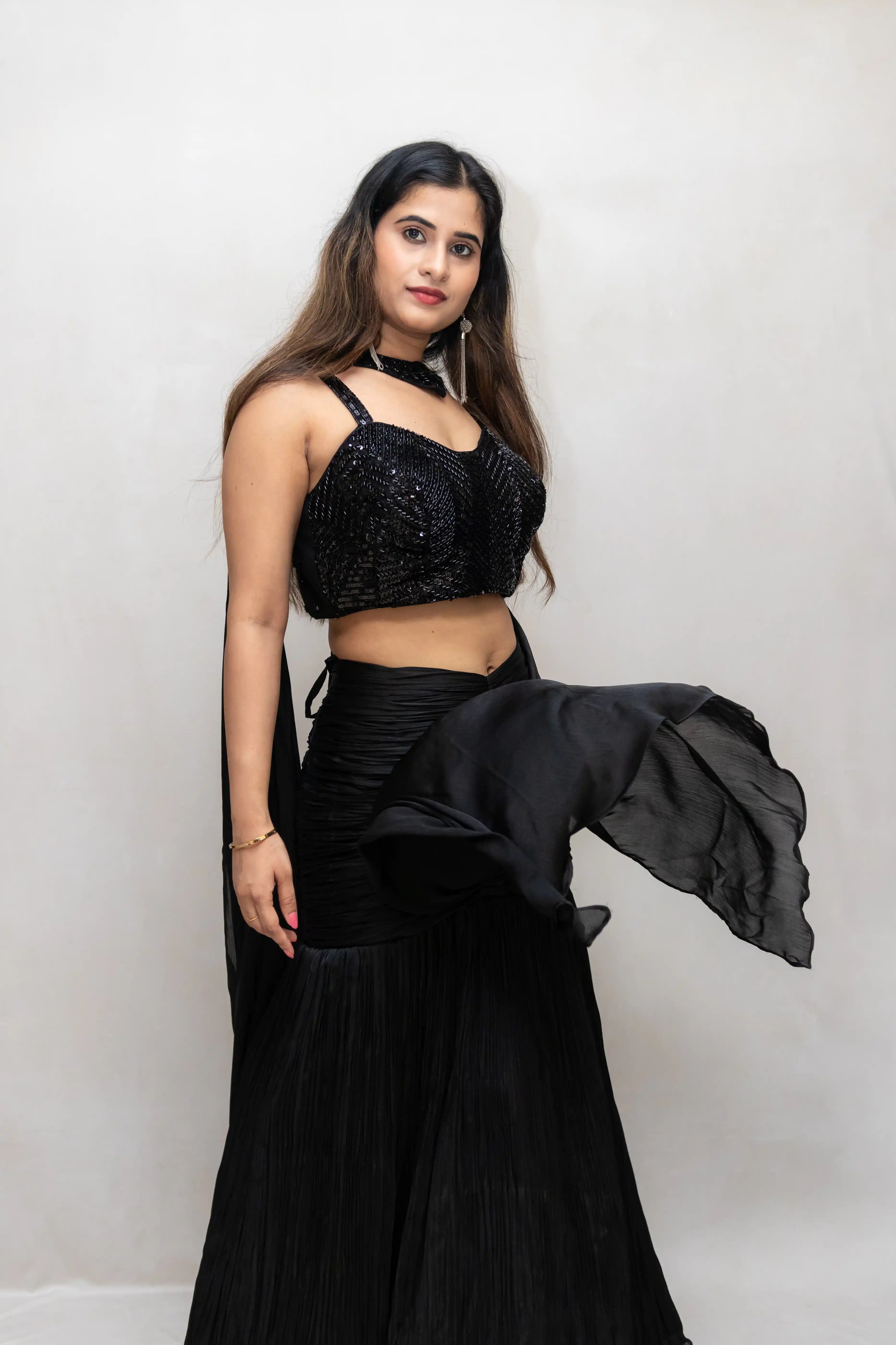 Black Sequence Handwork Choli Suit with Ruched Skirt & Choker Dupatta