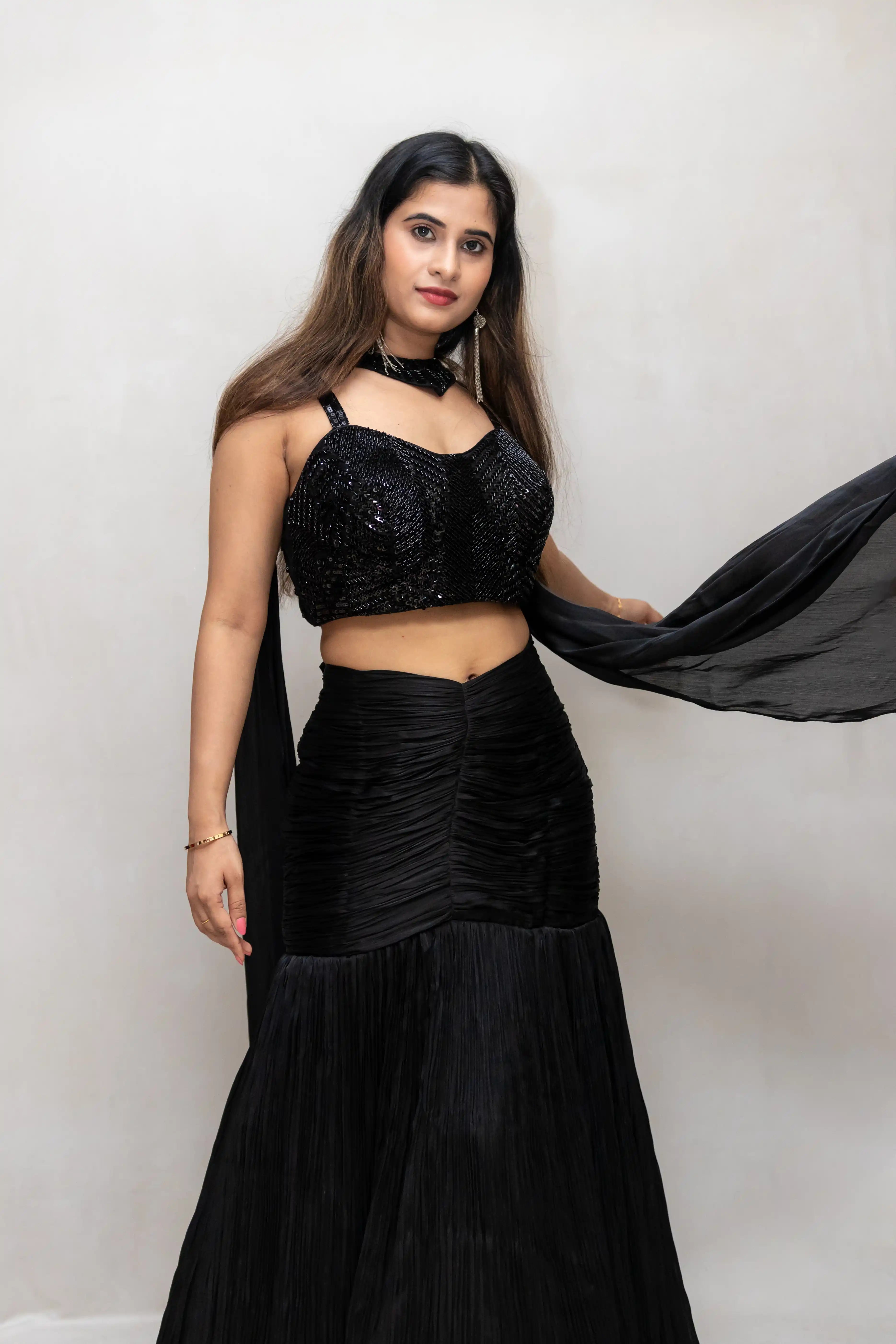 Black Sequence Handwork Choli Suit with Ruched Skirt & Choker Dupatta
