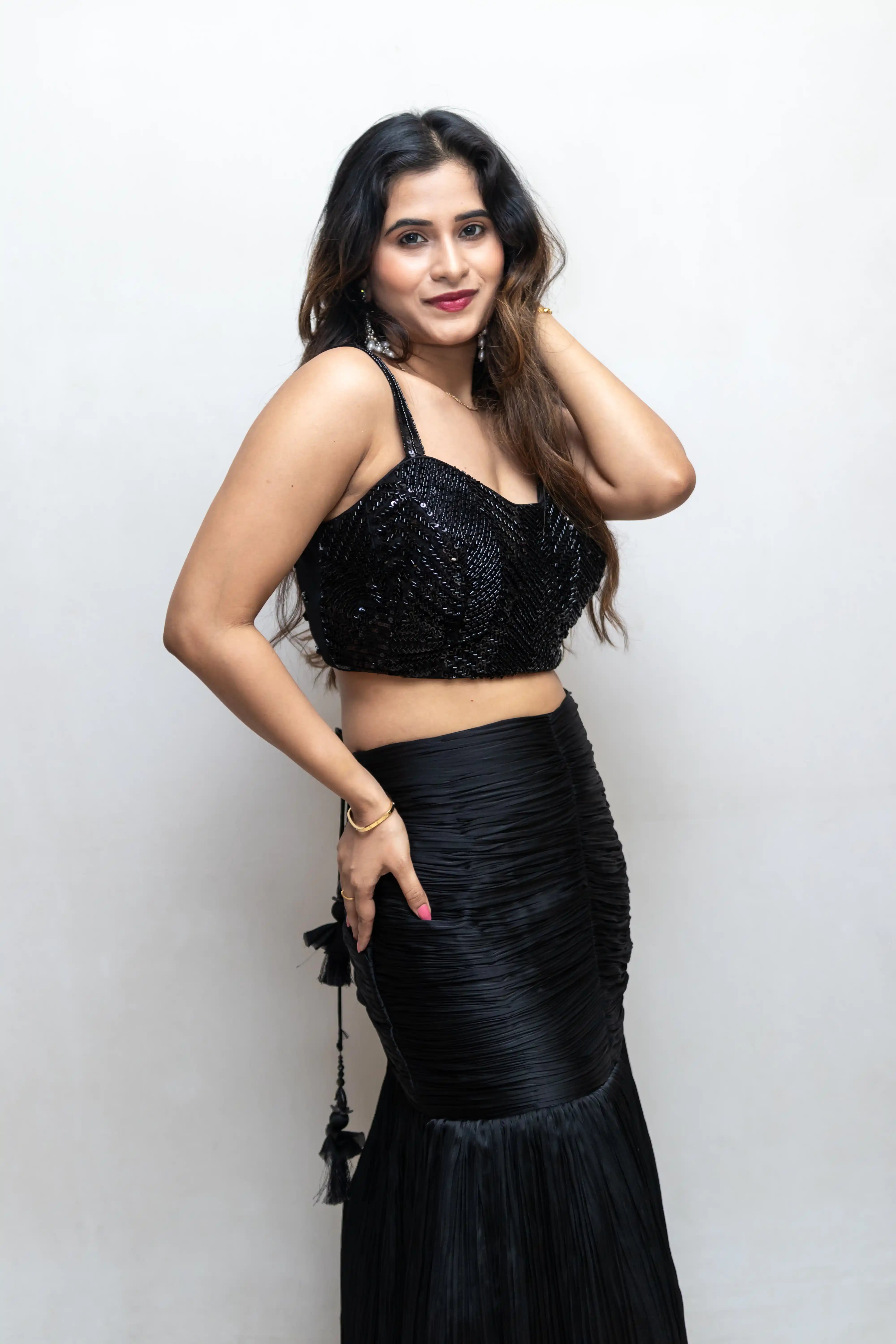 Black Sequence Handwork Choli Suit with Ruched Skirt & Choker Dupatta