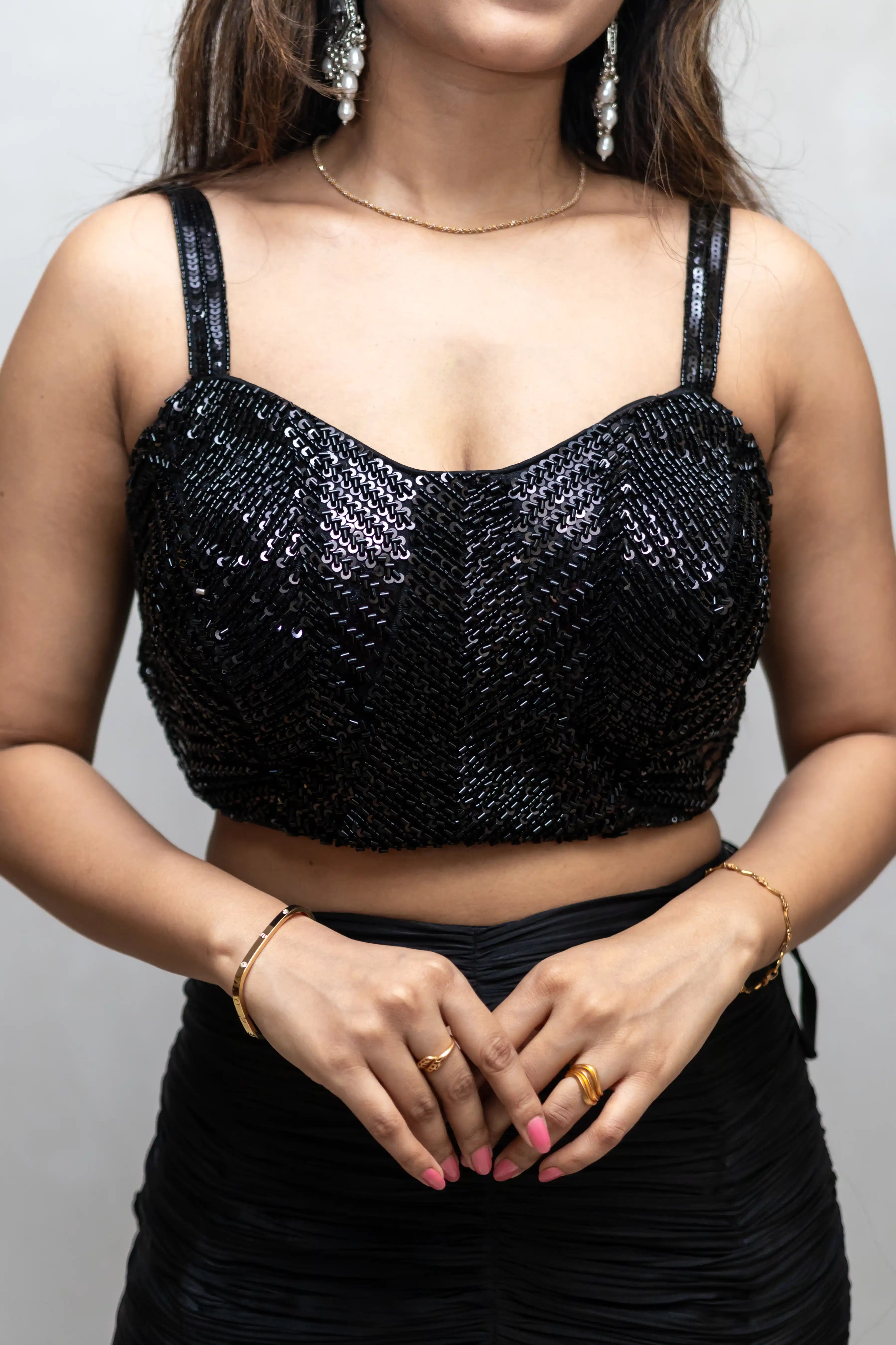 Black Sequence Handwork Choli Suit with Ruched Skirt & Choker Dupatta