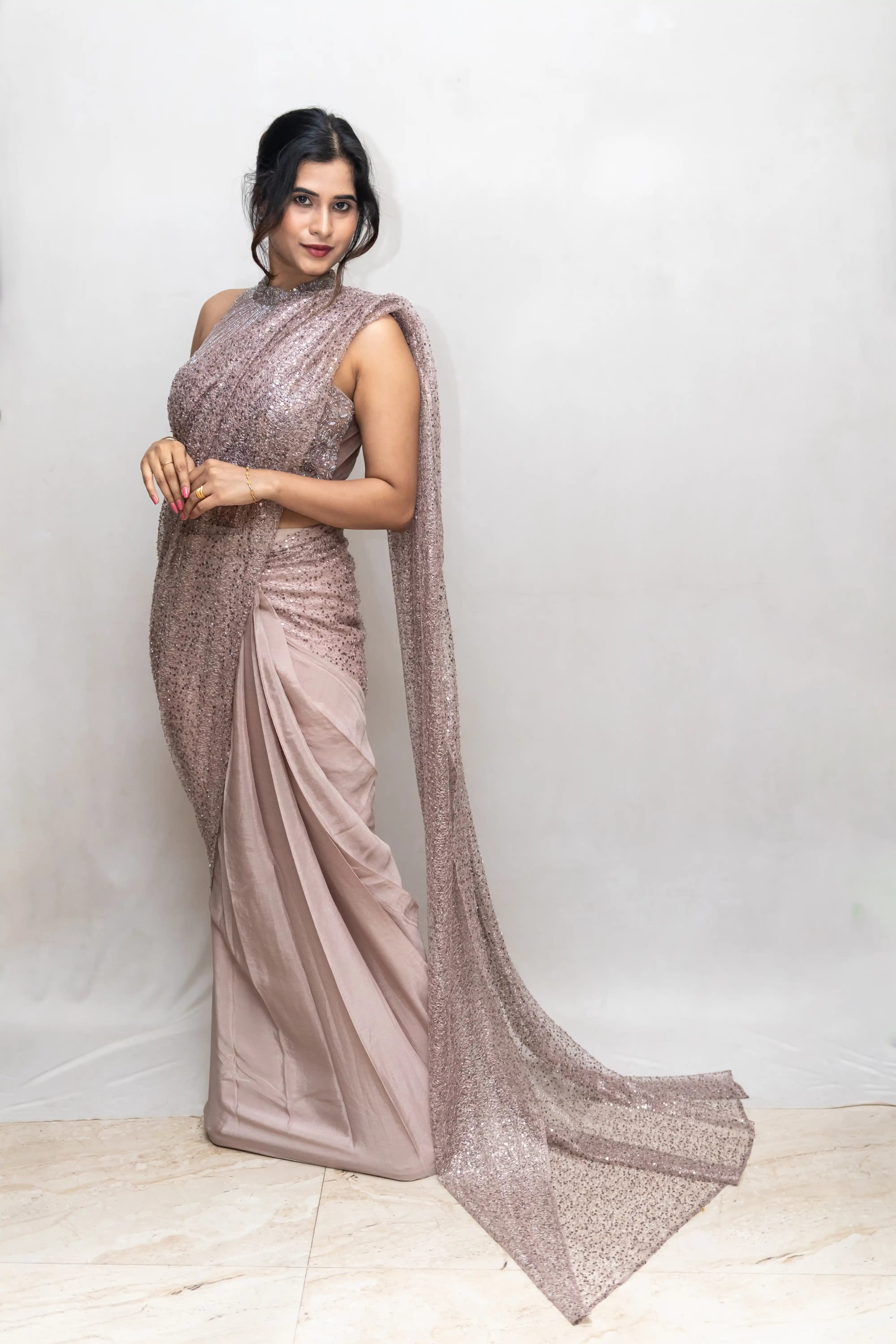 Brown Designer Saree with Handwork Blouse