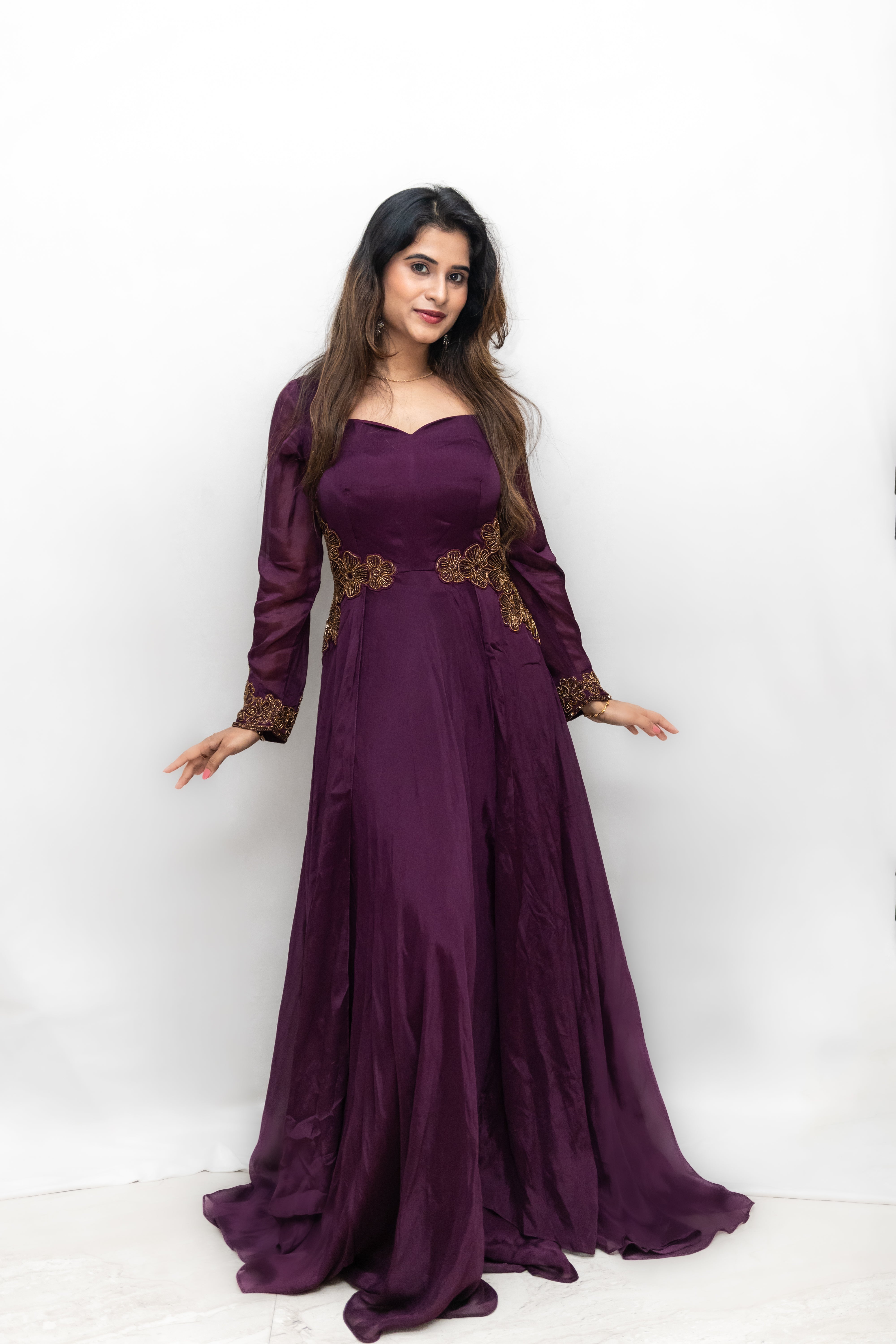 Wine Embroidered Flair Gown with Long Cape Sleeves