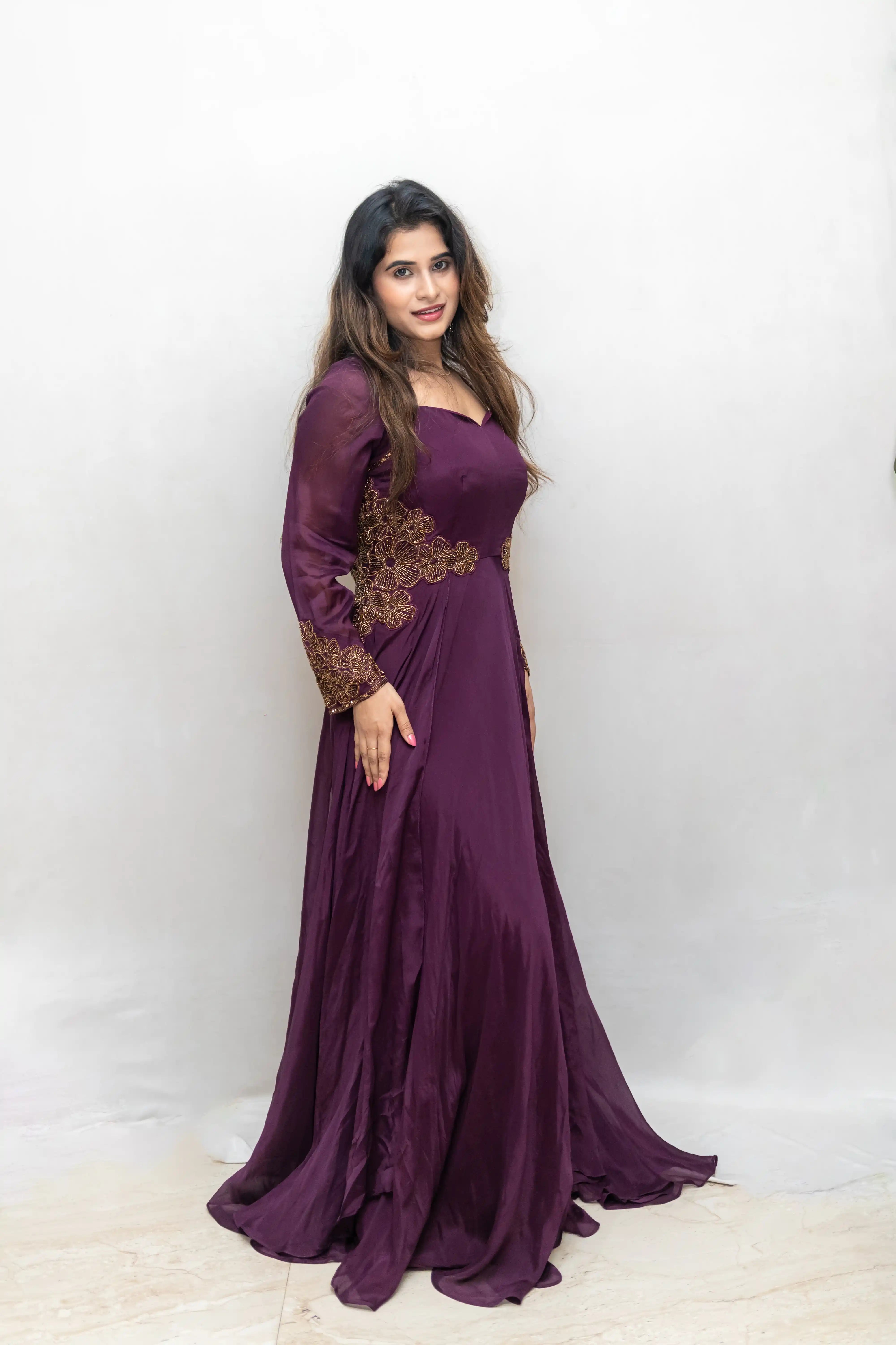 Wine Embroidered Flair Gown with Long Cape Sleeves