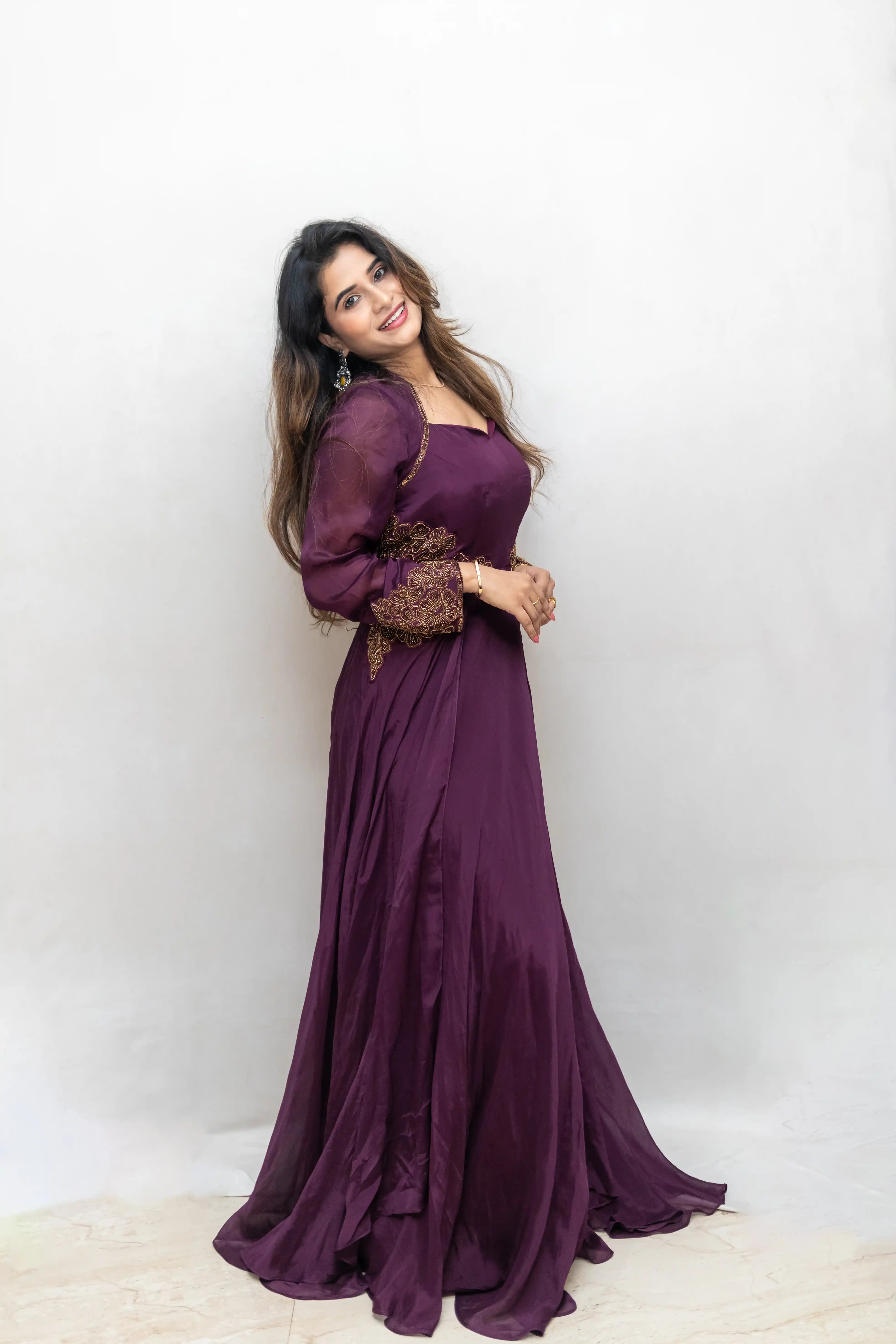Wine Embroidered Flair Gown with Long Cape Sleeves