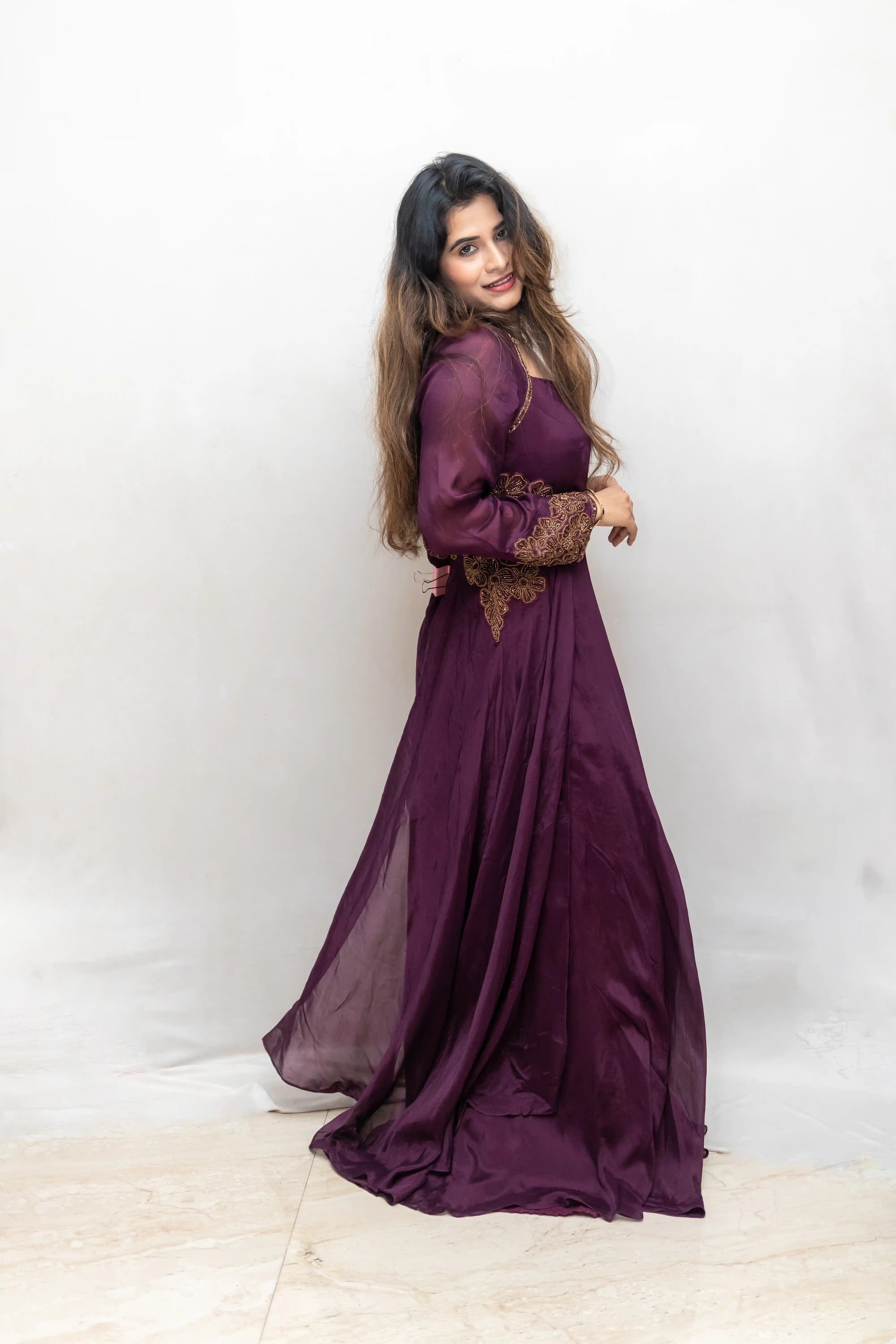 Wine Embroidered Flair Gown with Long Cape Sleeves
