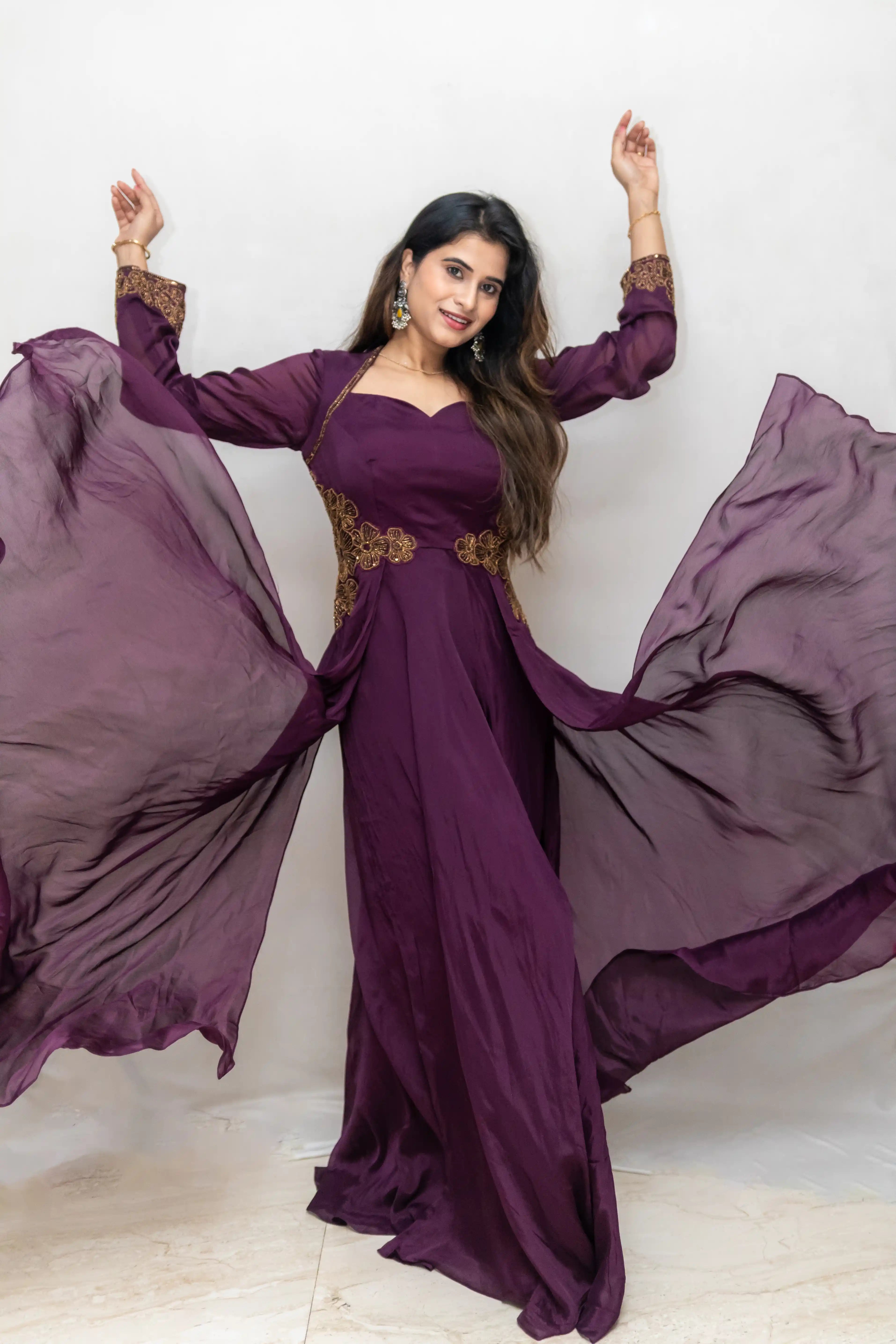 Wine Embroidered Flair Gown with Long Cape Sleeves