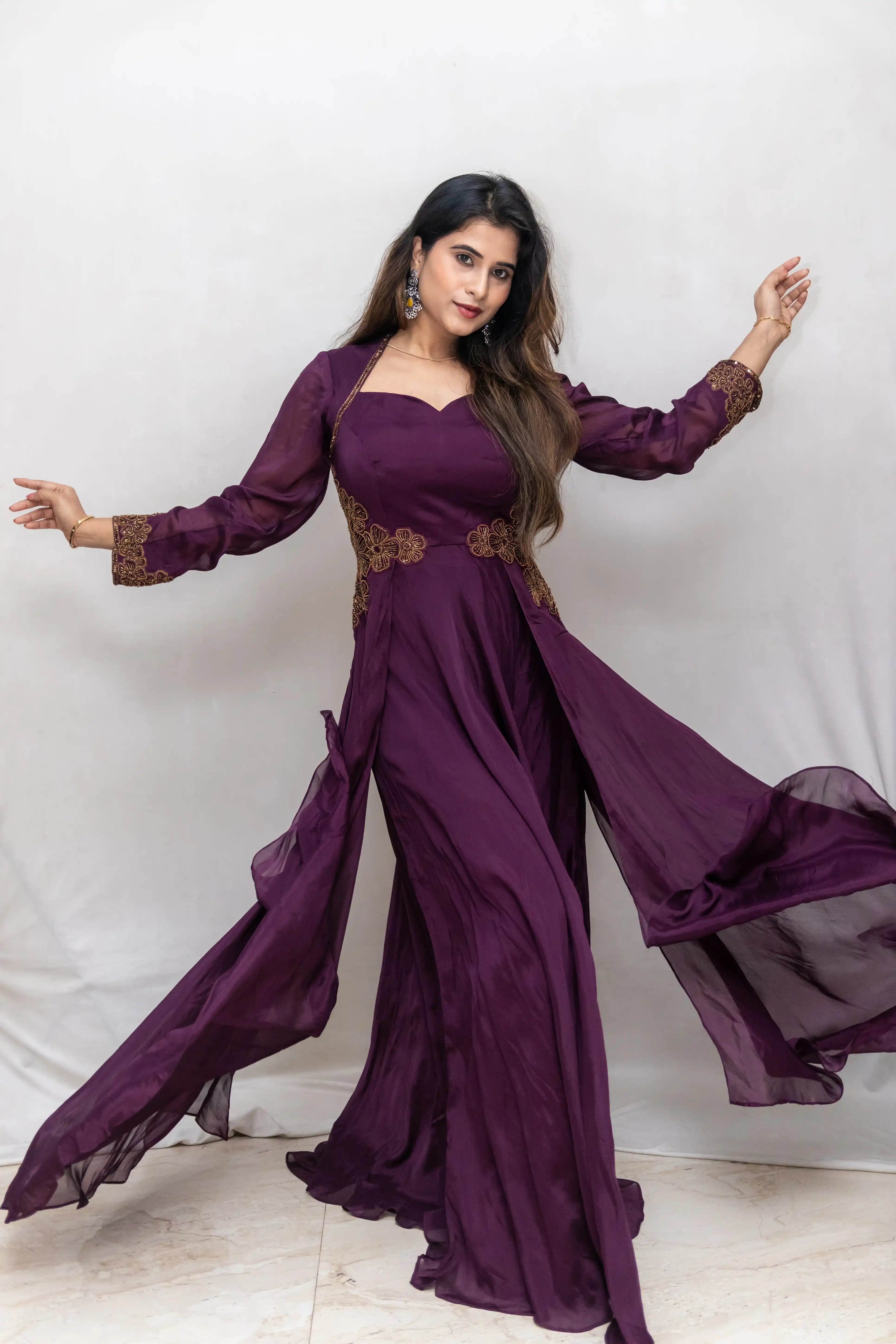 Wine Embroidered Flair Gown with Long Cape Sleeves