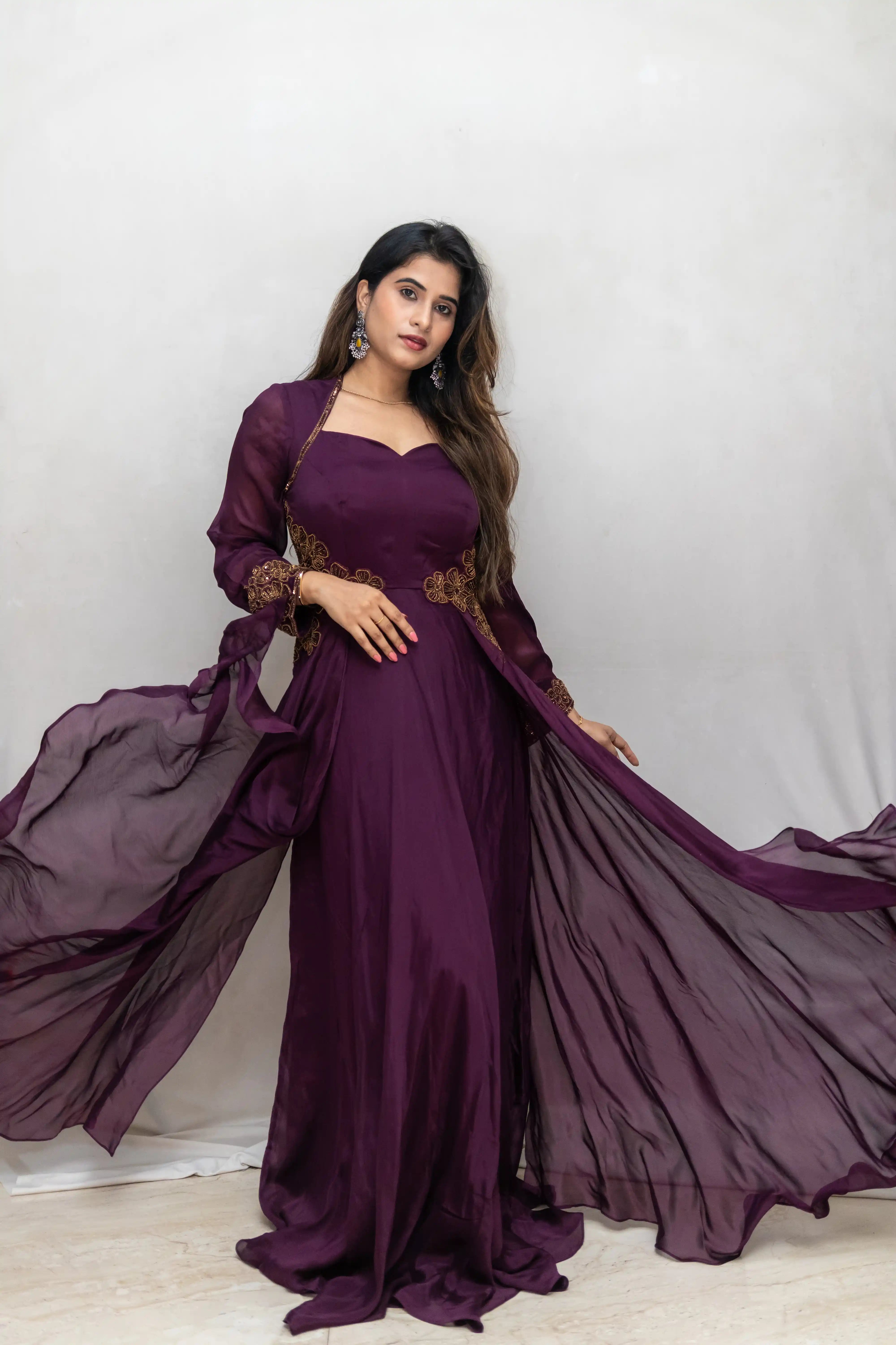 Wine Embroidered Flair Gown with Long Cape Sleeves