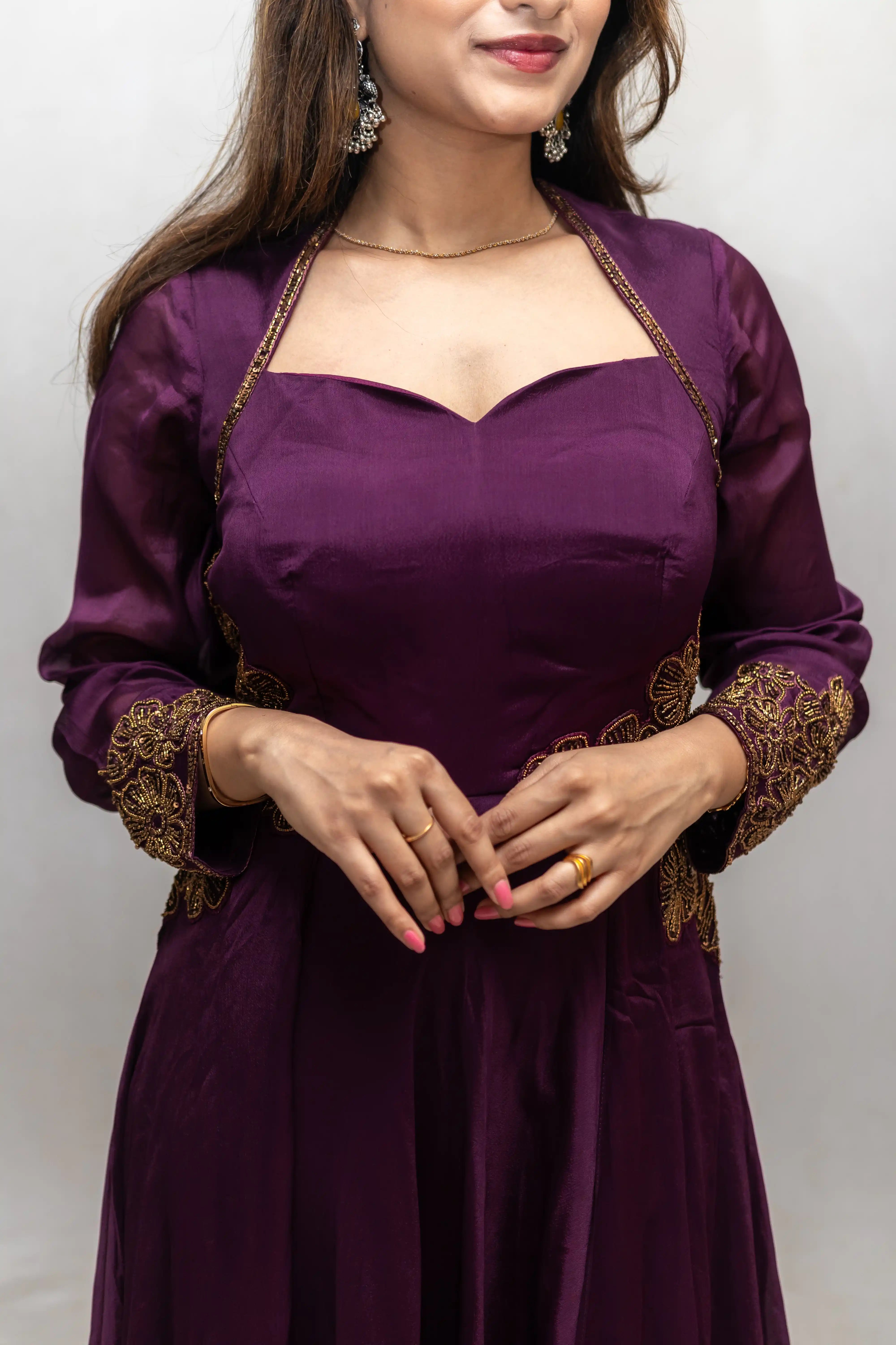 Wine Embroidered Flair Gown with Long Cape Sleeves
