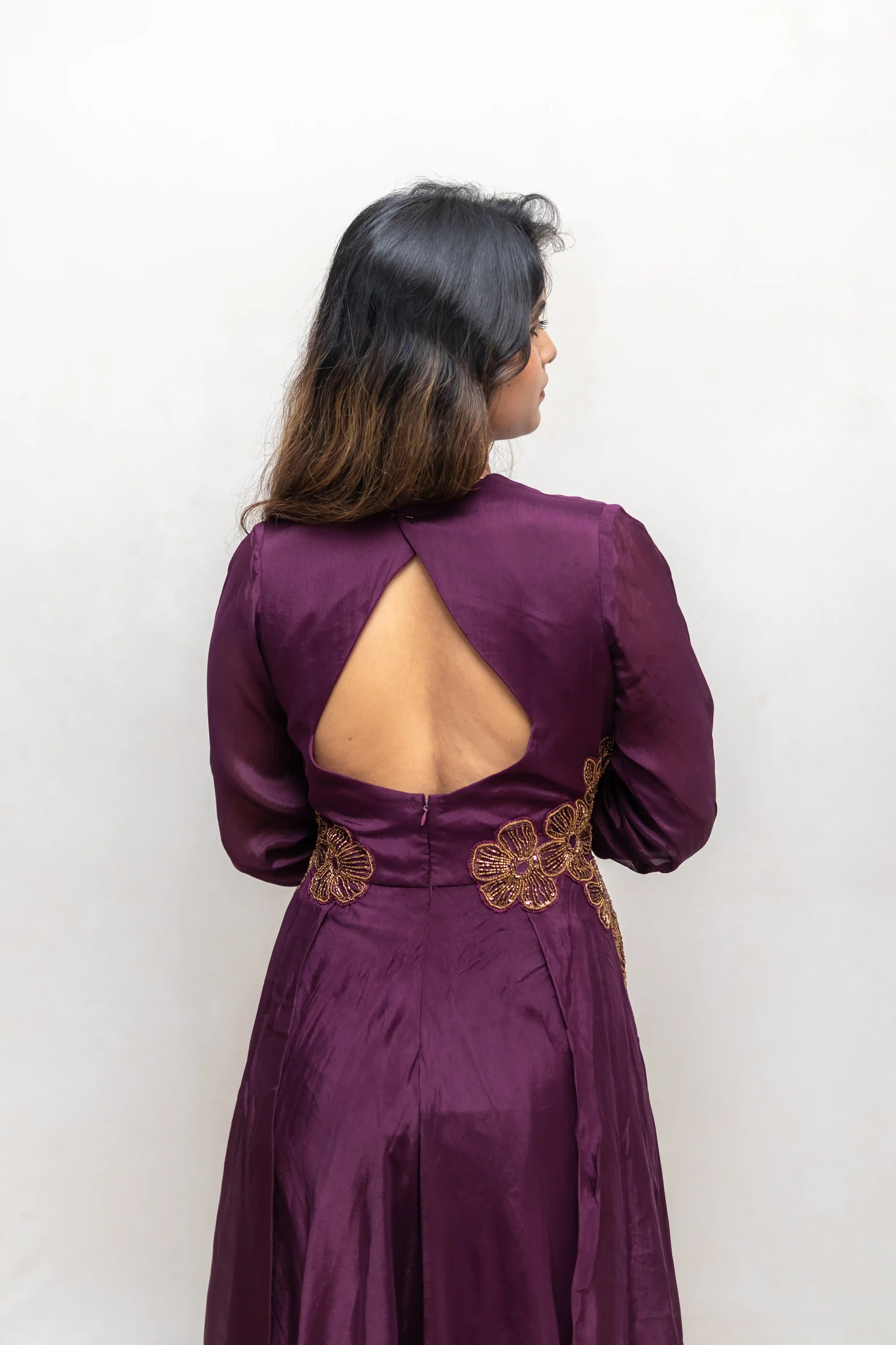 Wine Embroidered Flair Gown with Long Cape Sleeves