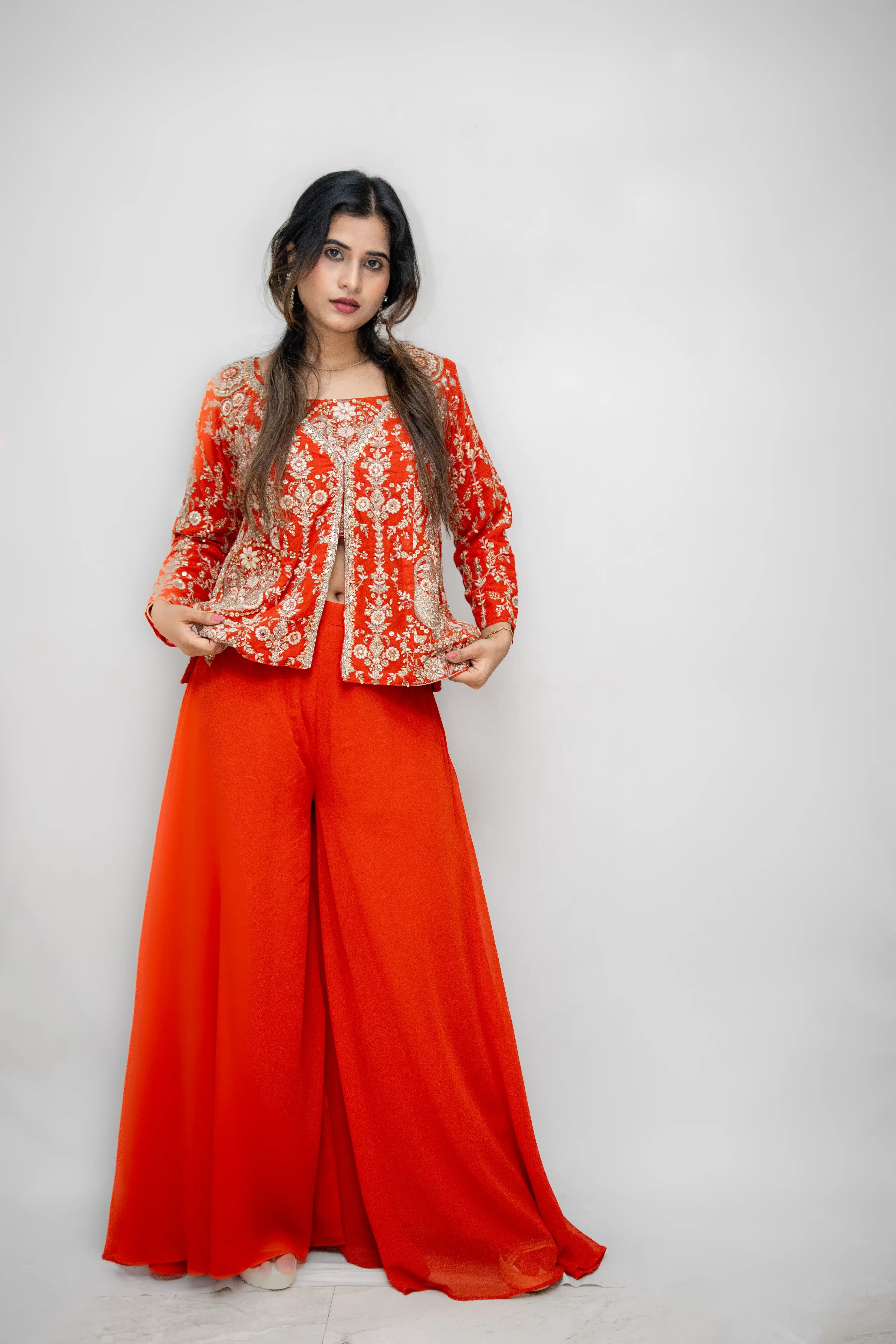 Orange Embroidered Designer Choli Suit with Draped Skirt