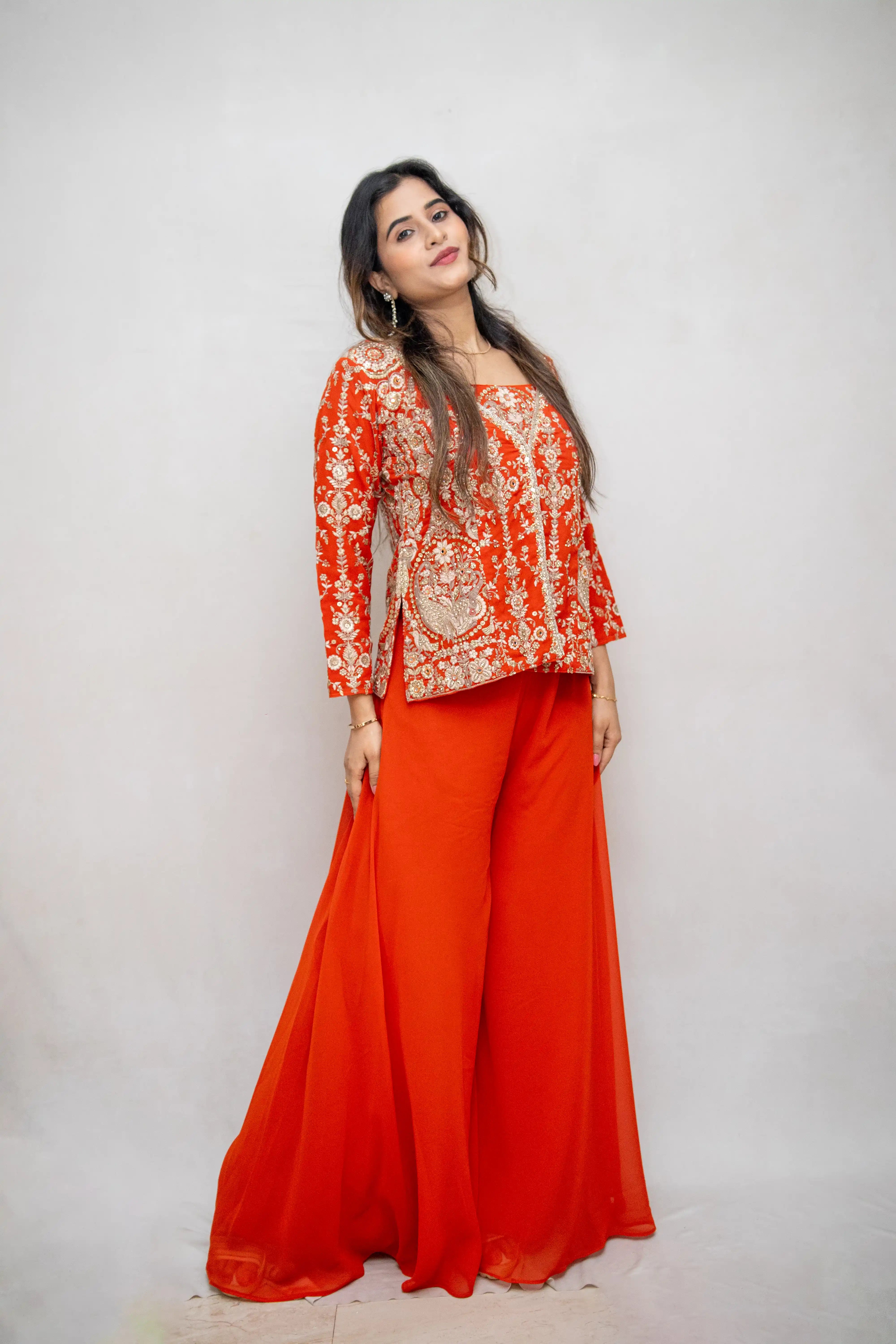 Orange Embroidered Designer Choli Suit with Draped Skirt