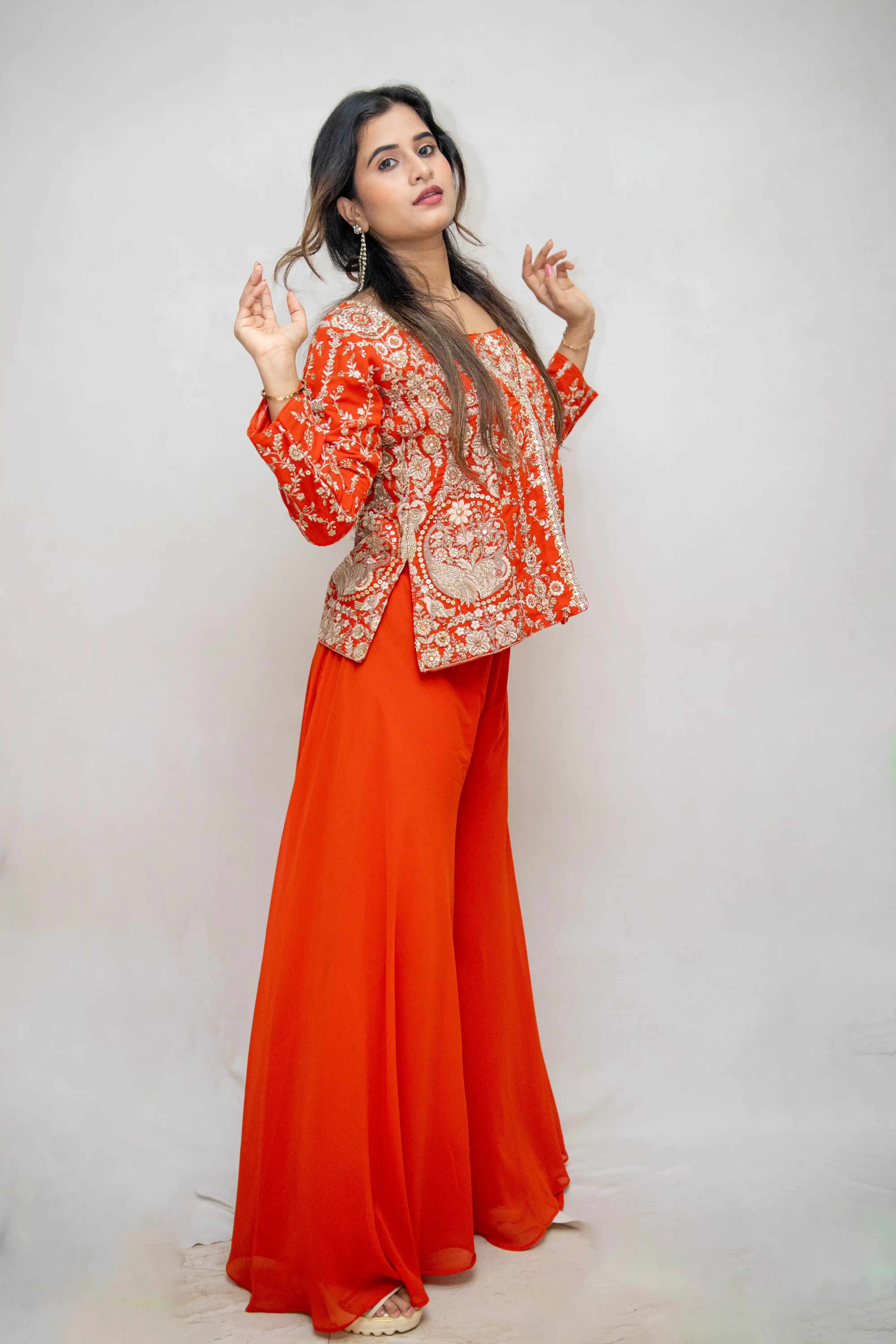 Orange Embroidered Designer Choli Suit with Draped Skirt