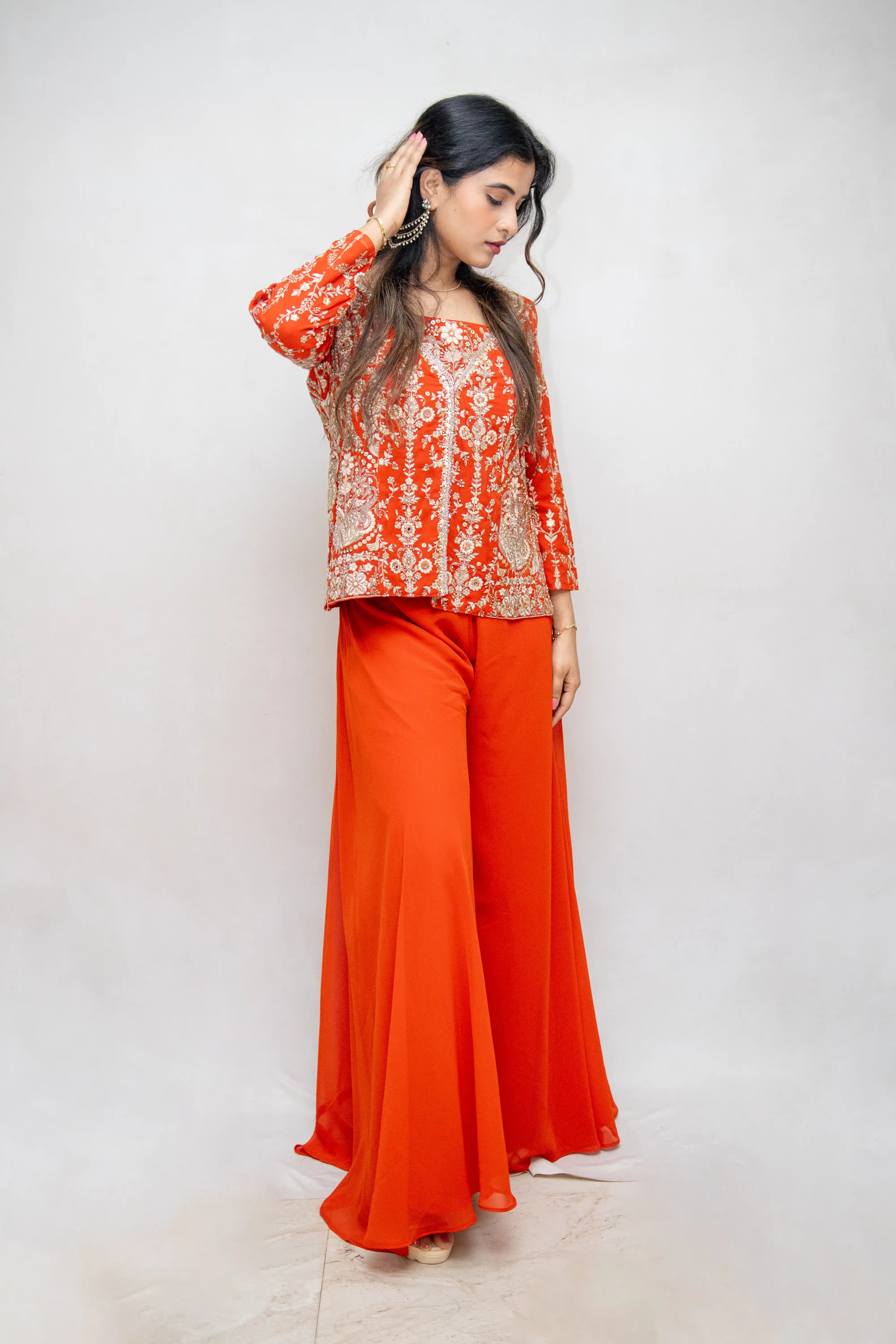 Orange Embroidered Designer Choli Suit with Draped Skirt