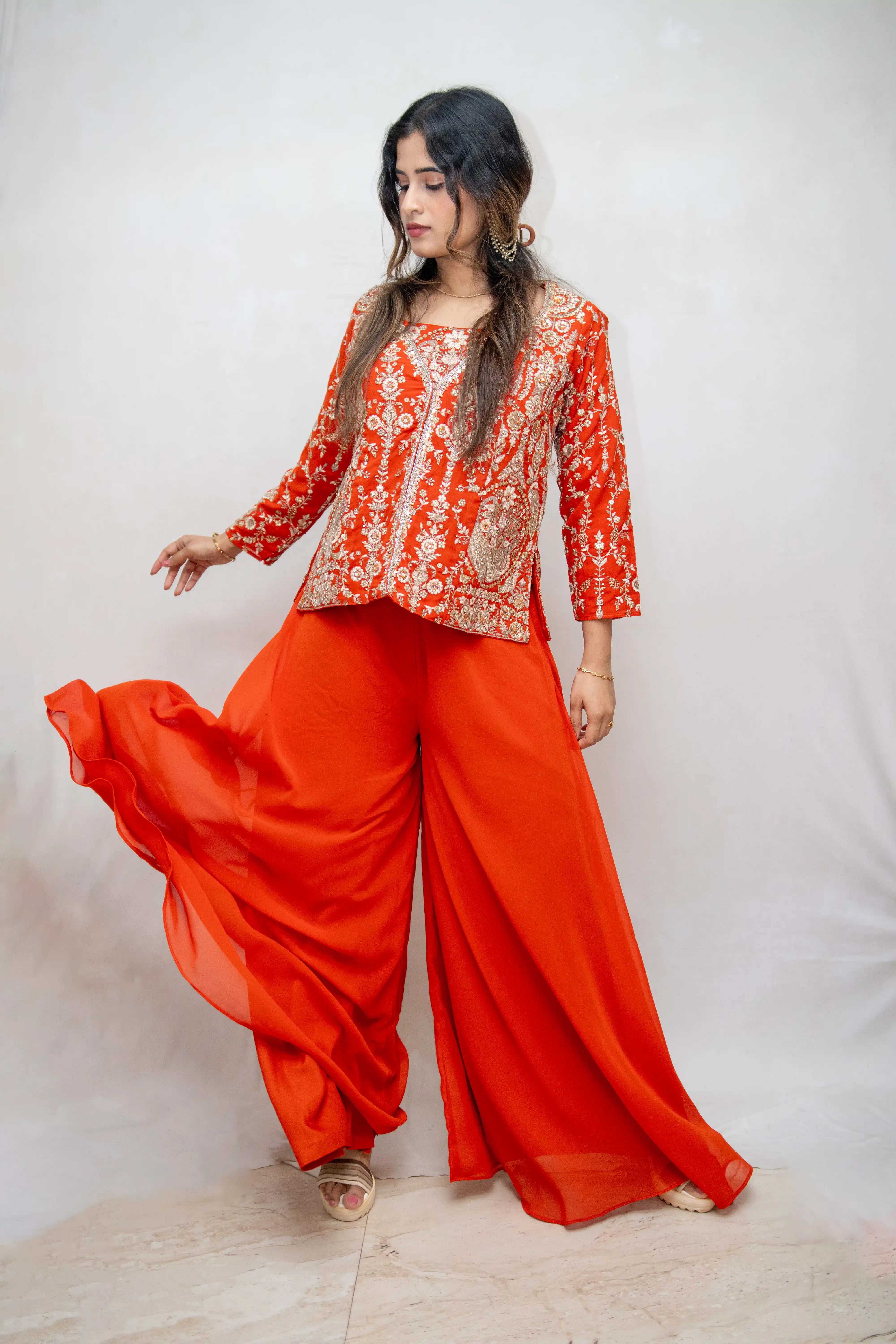 Orange Embroidered Designer Choli Suit with Draped Skirt