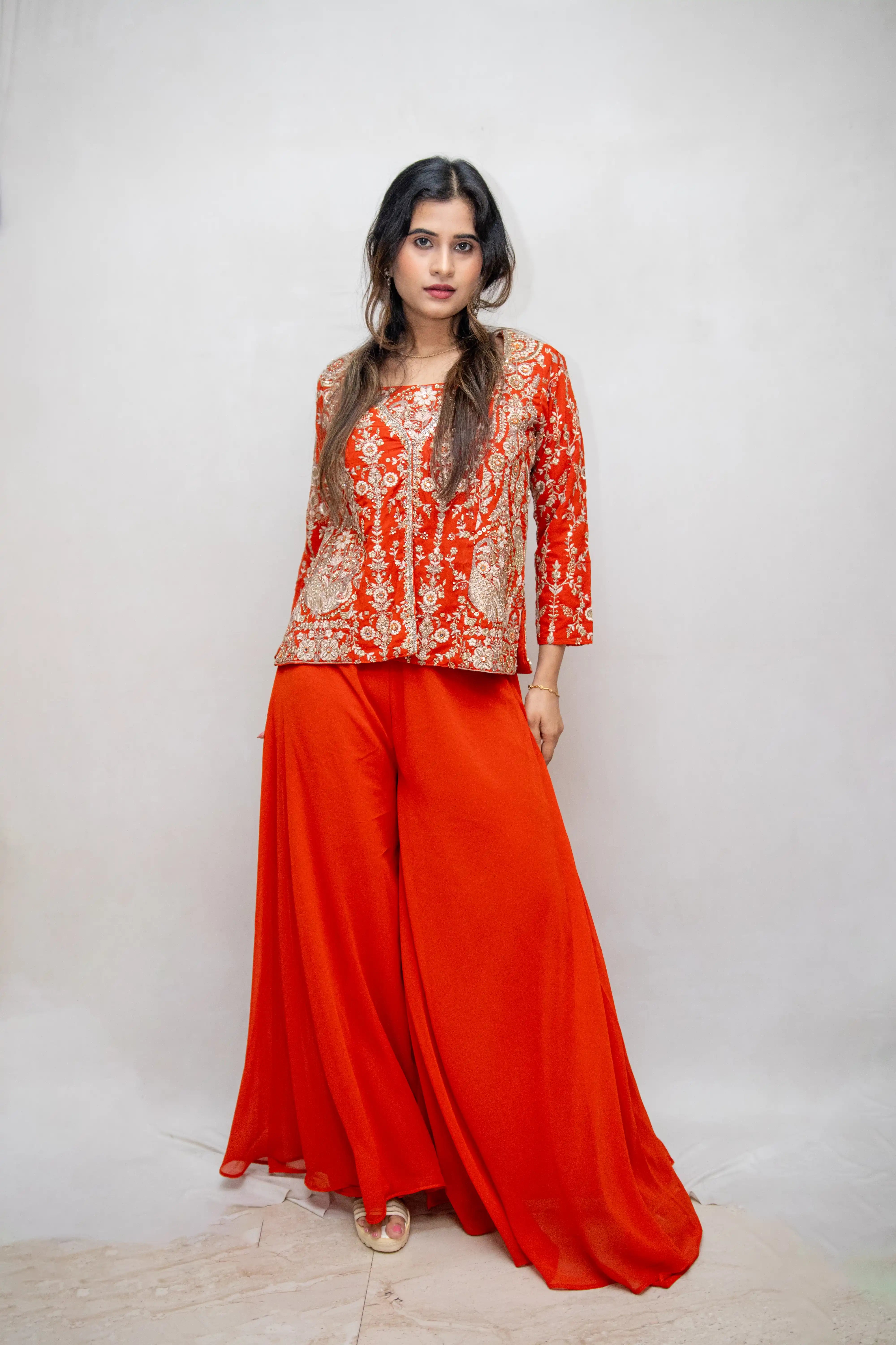 Orange Embroidered Designer Choli Suit with Draped Skirt