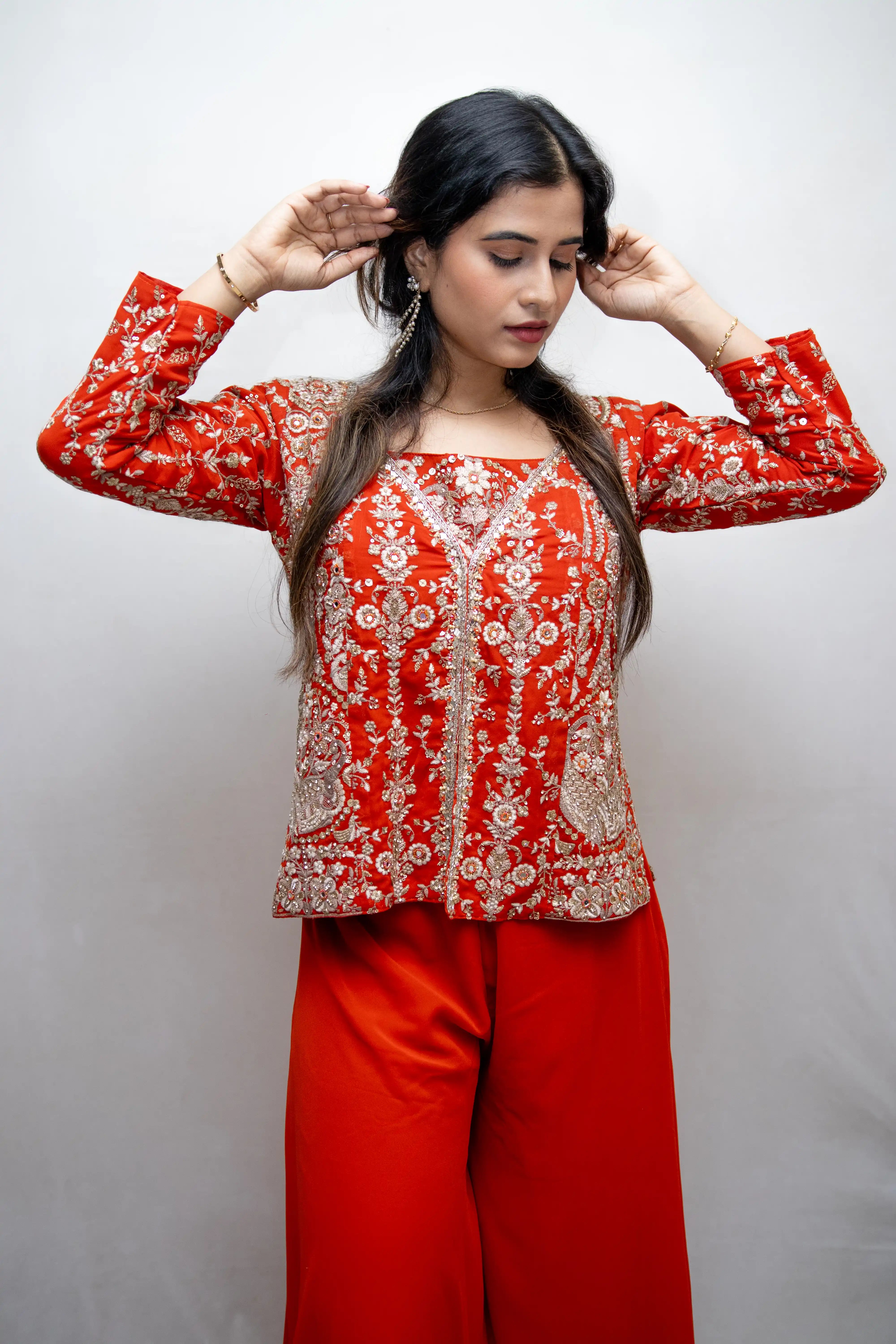 Orange Embroidered Designer Choli Suit with Draped Skirt