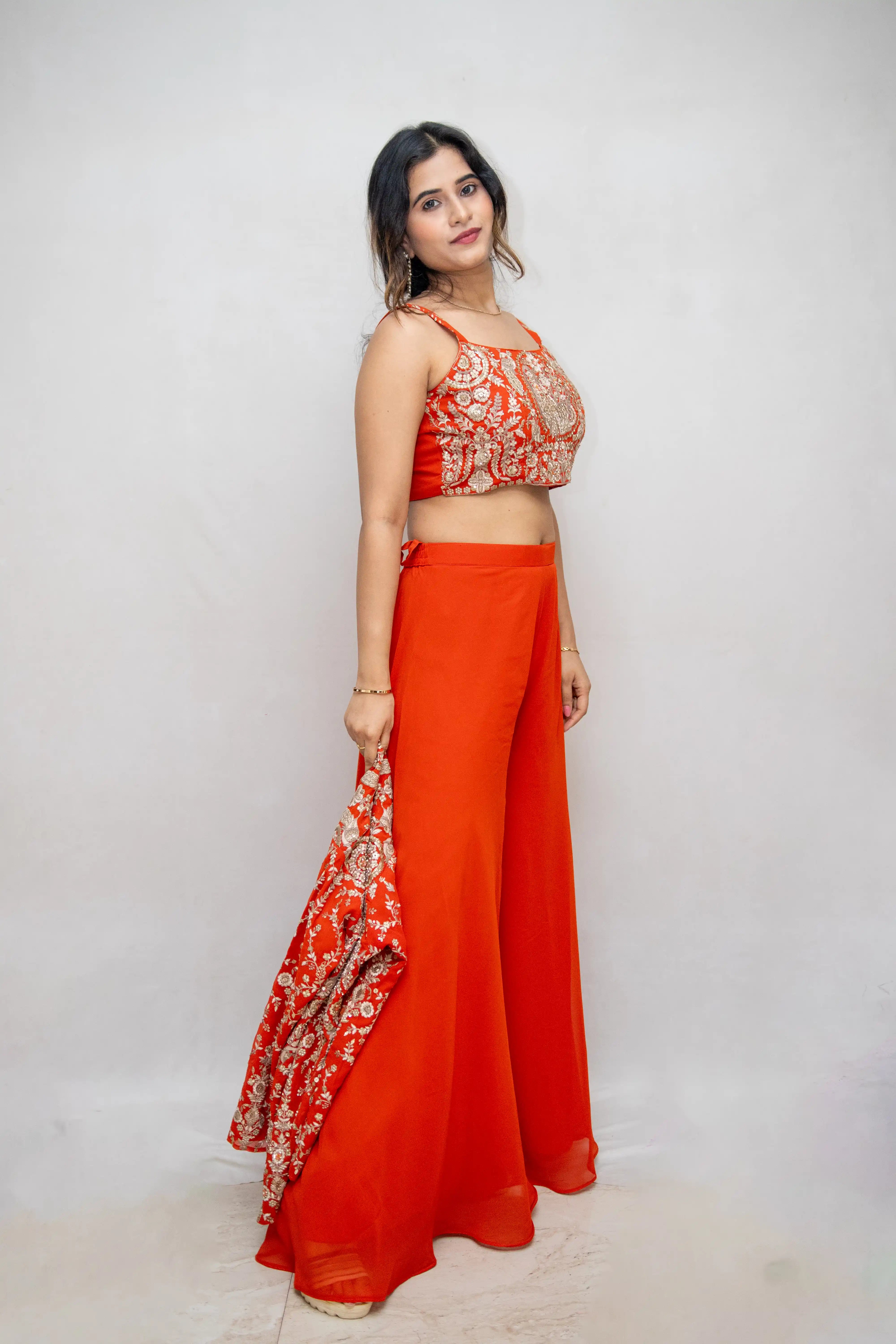 Orange Embroidered Designer Choli Suit with Draped Skirt