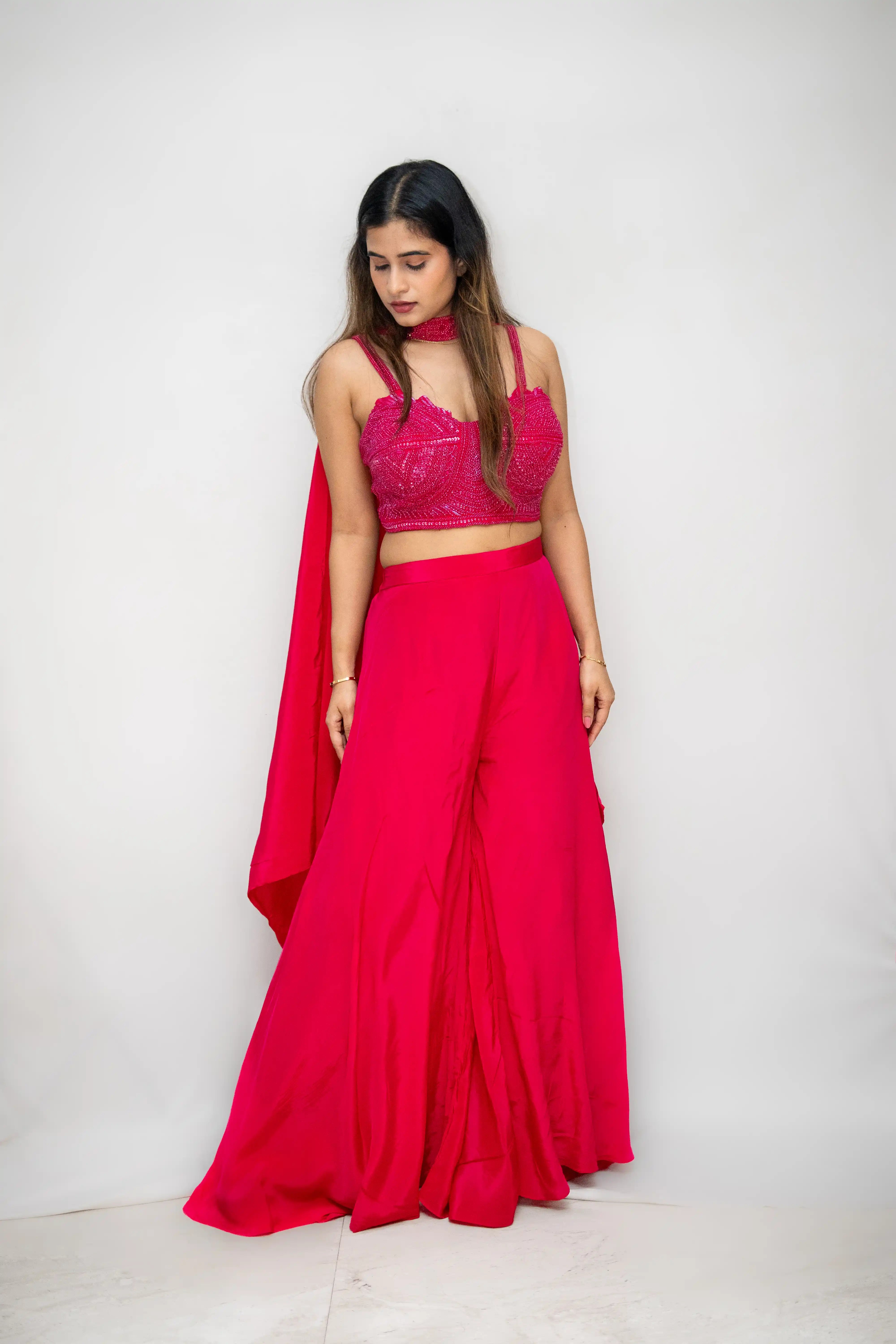 Pink Hand-Embellished Designer Choli Suit with Draped Skirt