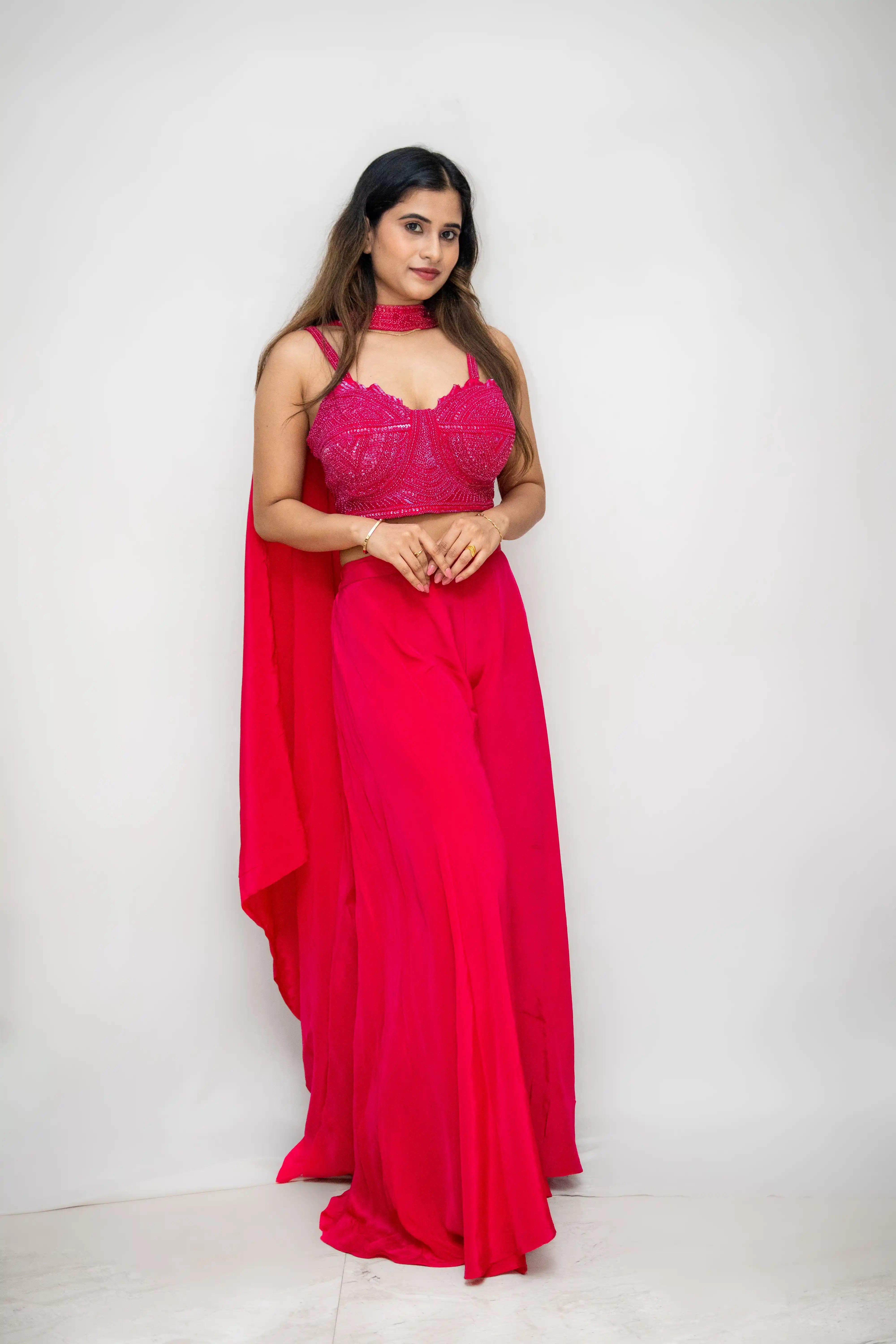 Pink Hand-Embellished Designer Choli Suit with Draped Skirt