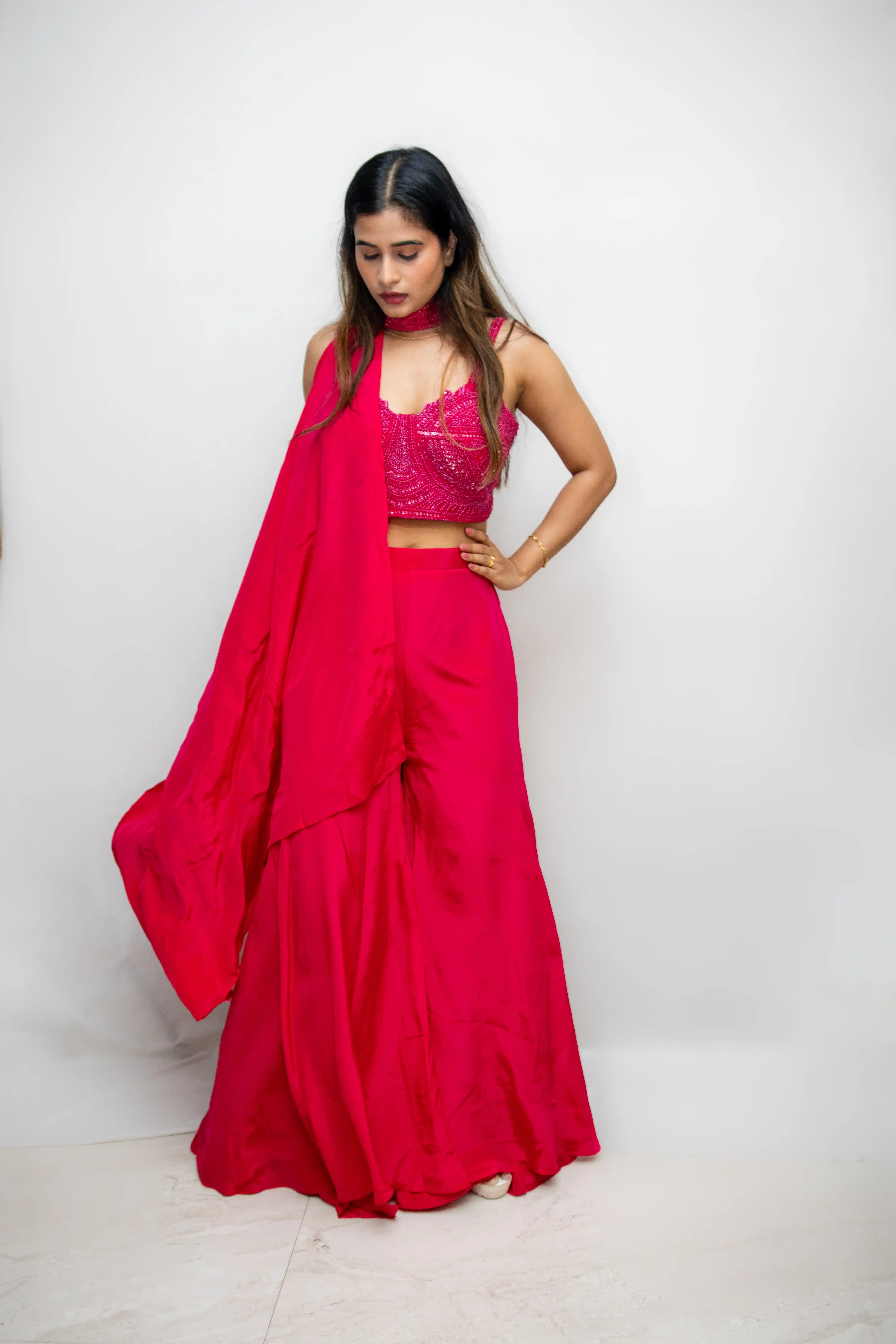 Pink Hand-Embellished Designer Choli Suit with Draped Skirt