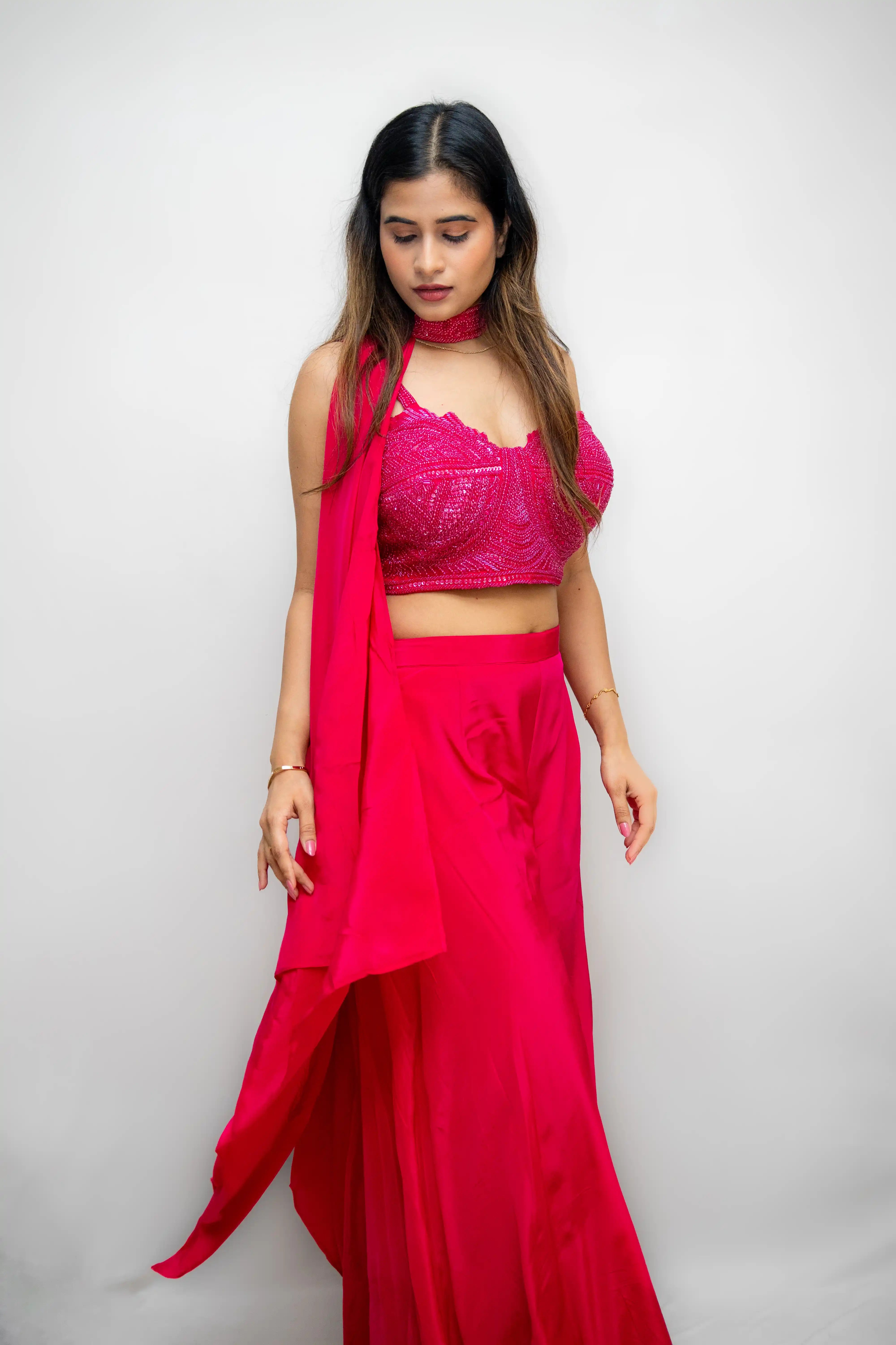 Pink Hand-Embellished Designer Choli Suit with Draped Skirt