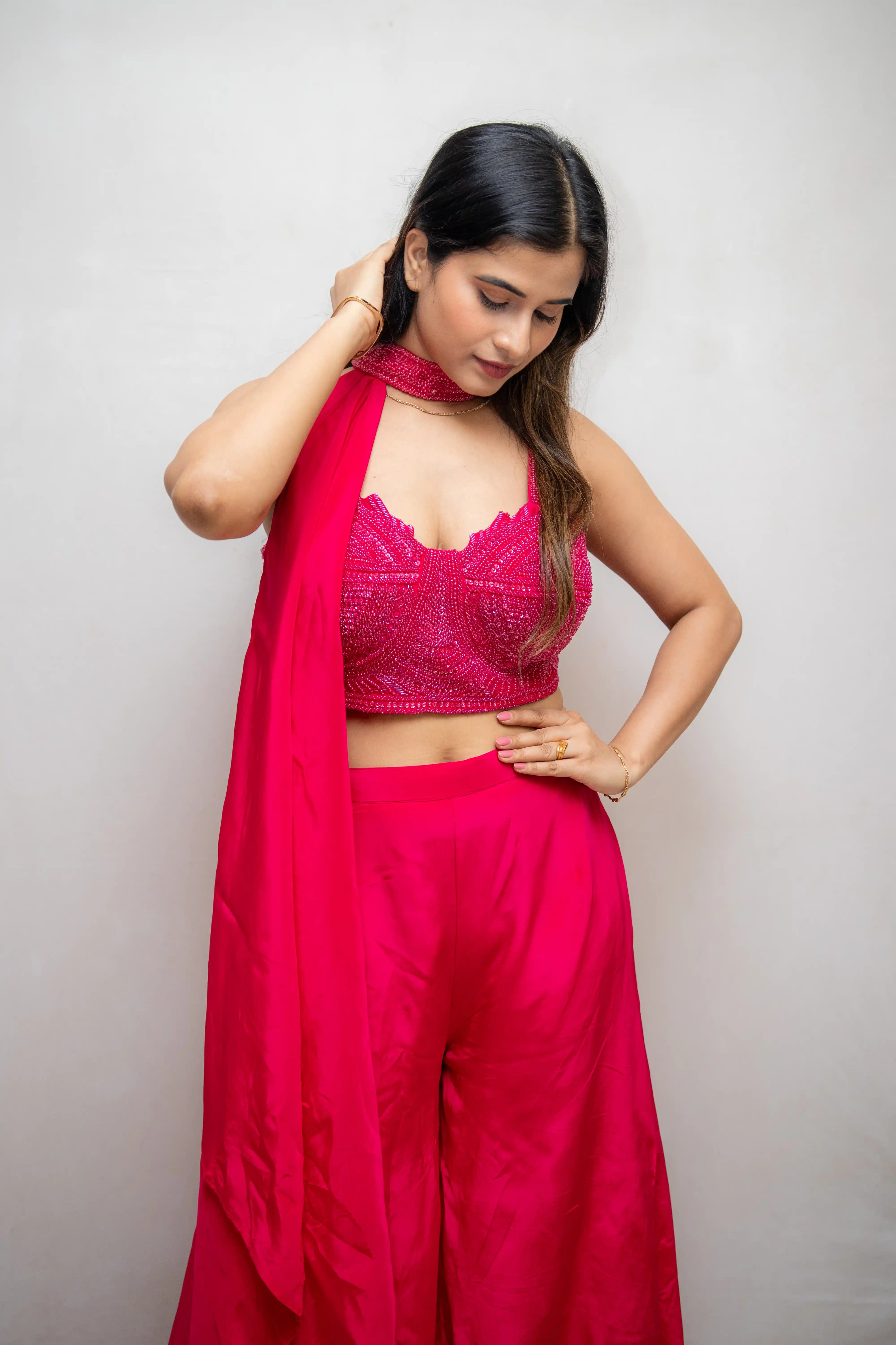 Pink Hand-Embellished Designer Choli Suit with Draped Skirt