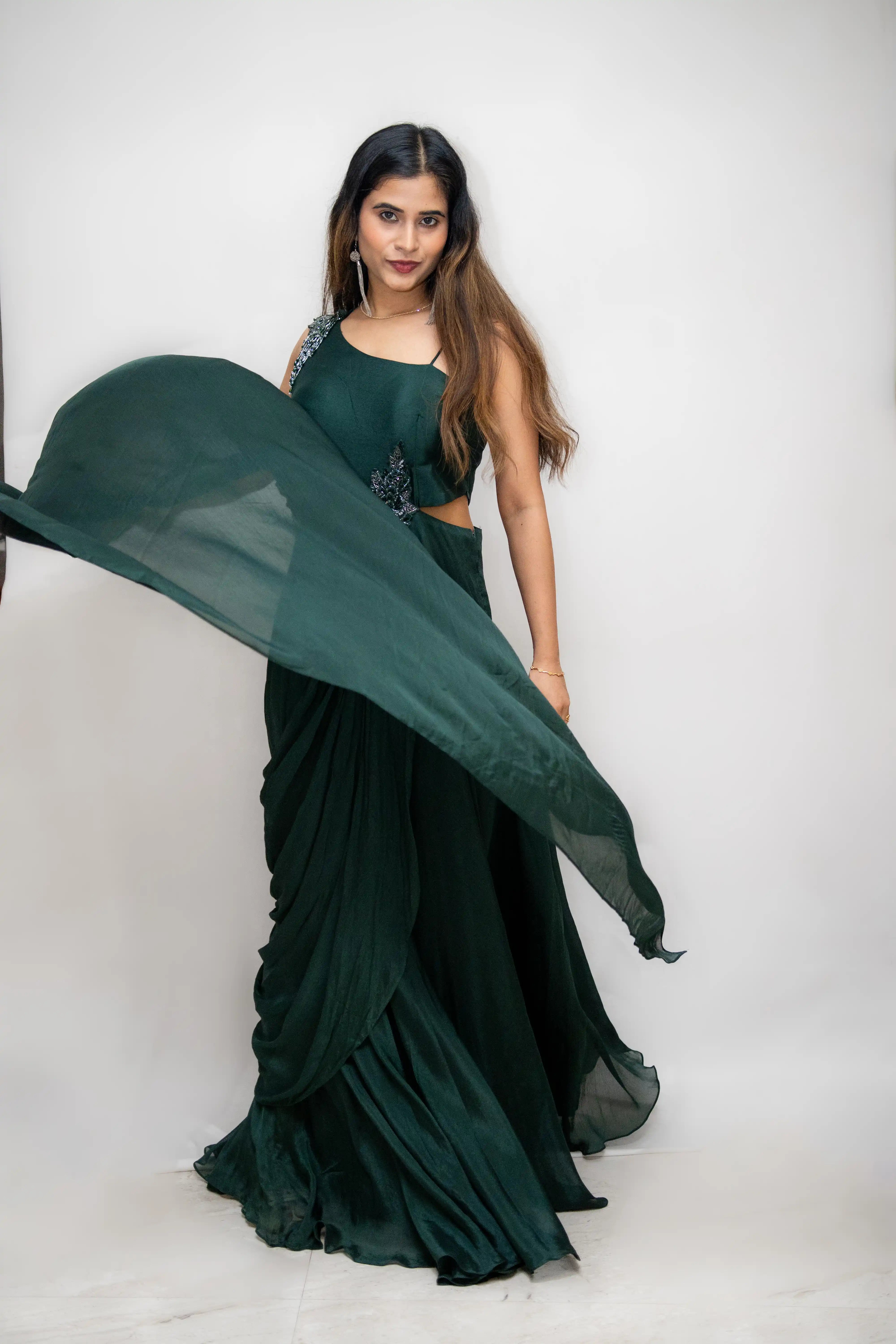 Green Designer Gown with Beaded One-Shoulder Blouse