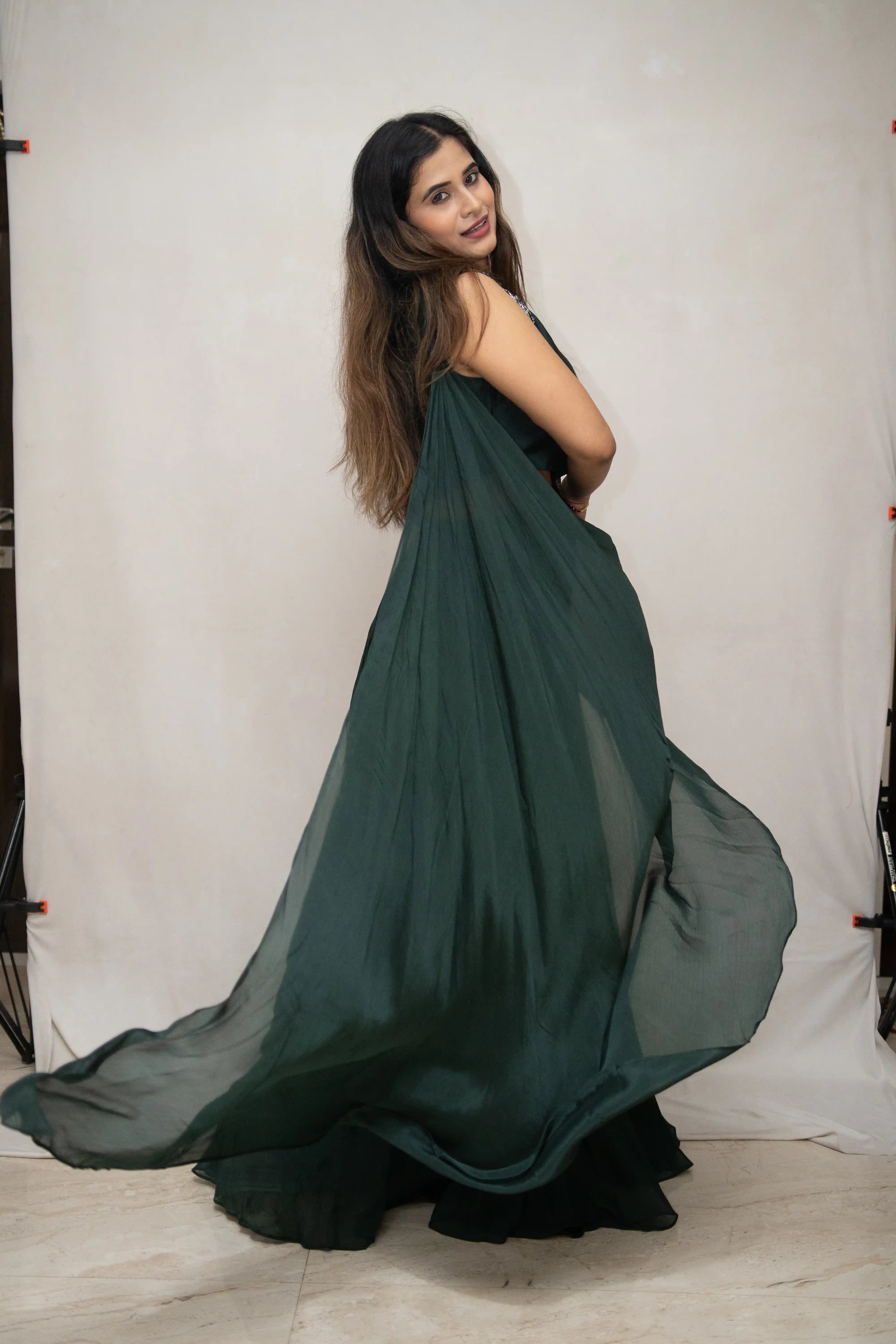 Green Designer Gown with Beaded One-Shoulder Blouse