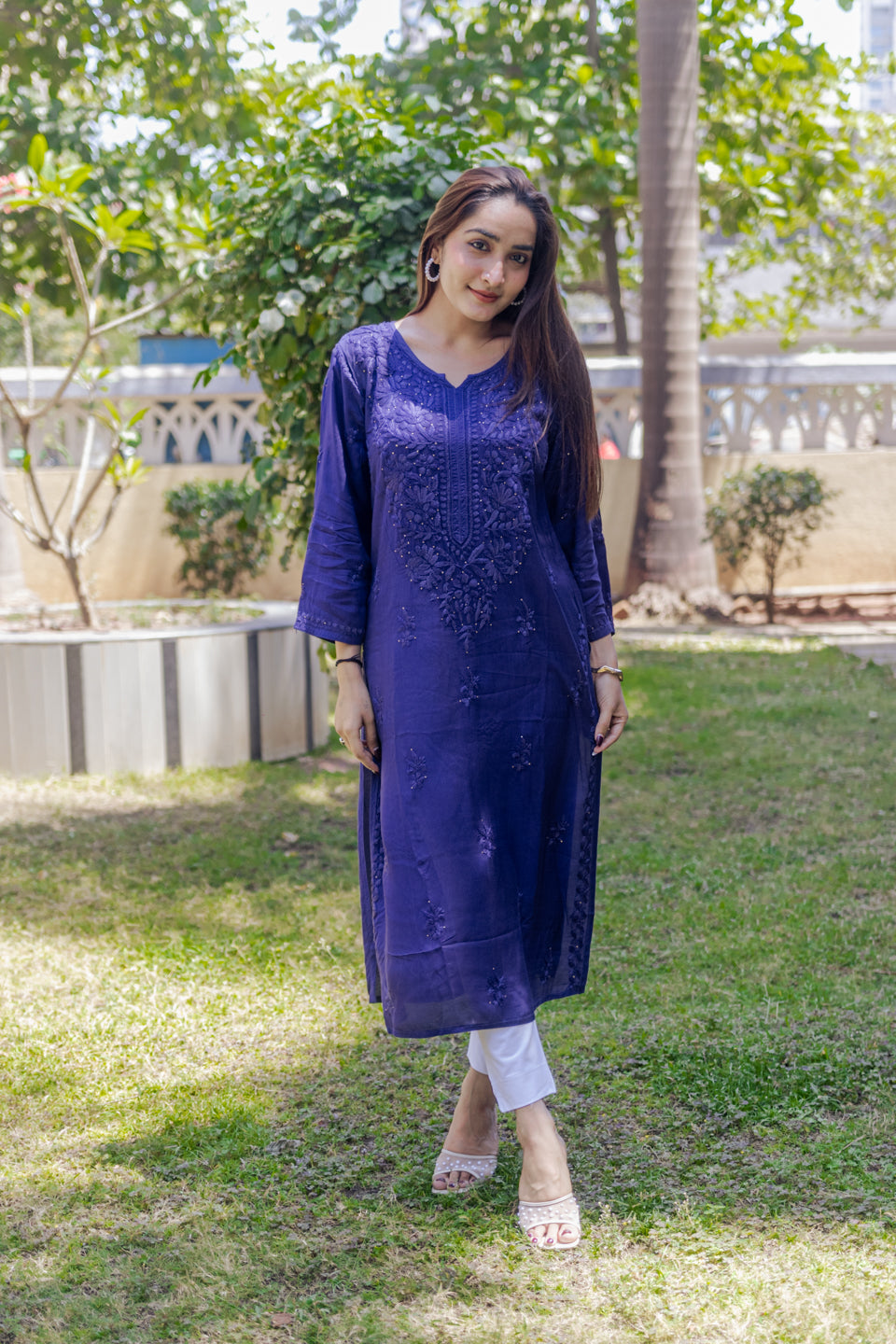 Blue Lucknowi Kurta with Detailed Handwork Sleeves
