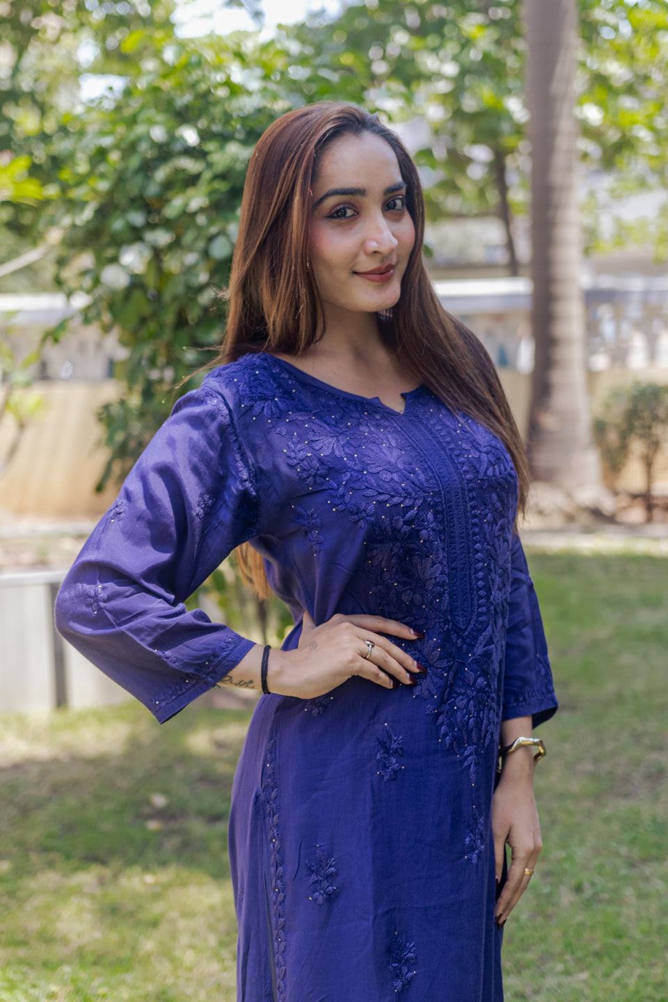 Blue Lucknowi Kurta with Detailed Handwork Sleeves