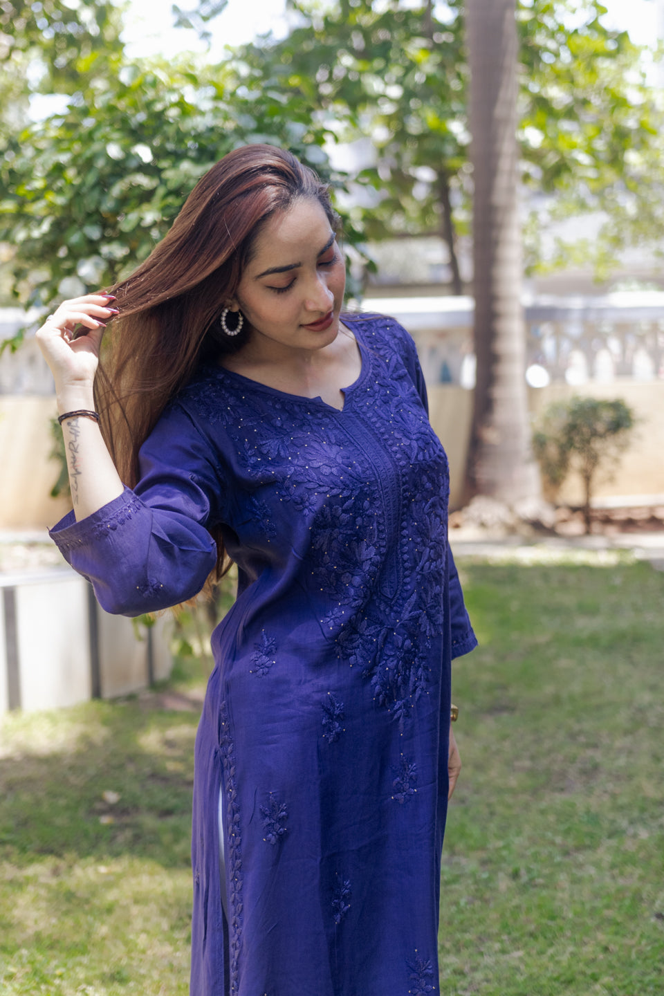 Blue Lucknowi Kurta with Detailed Handwork Sleeves