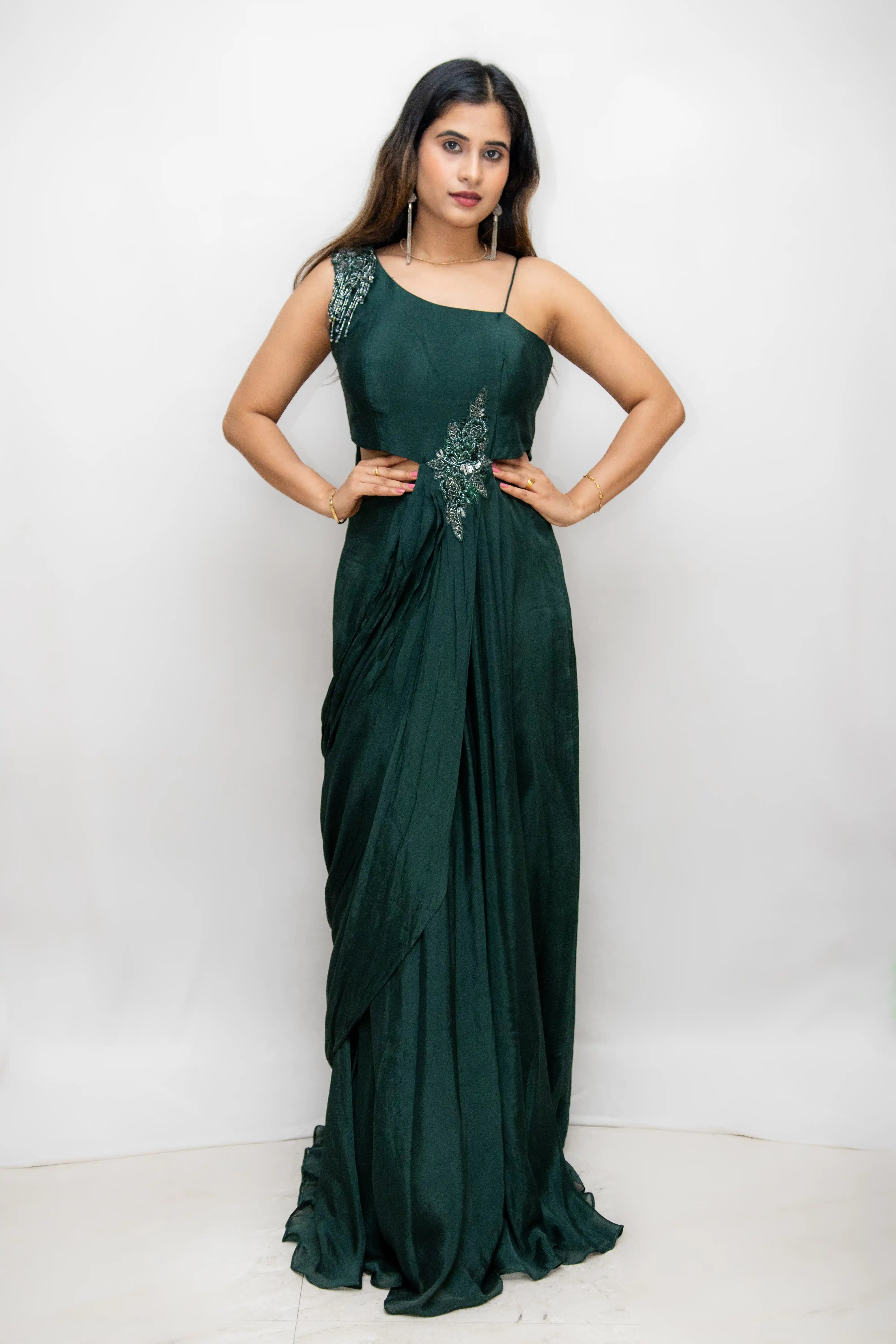 Green Designer Gown with Beaded One-Shoulder Blouse